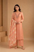 Peach Hand Embroidered Unstitched Chanderi Suit Set with Gold Tissue Striped Dupatta