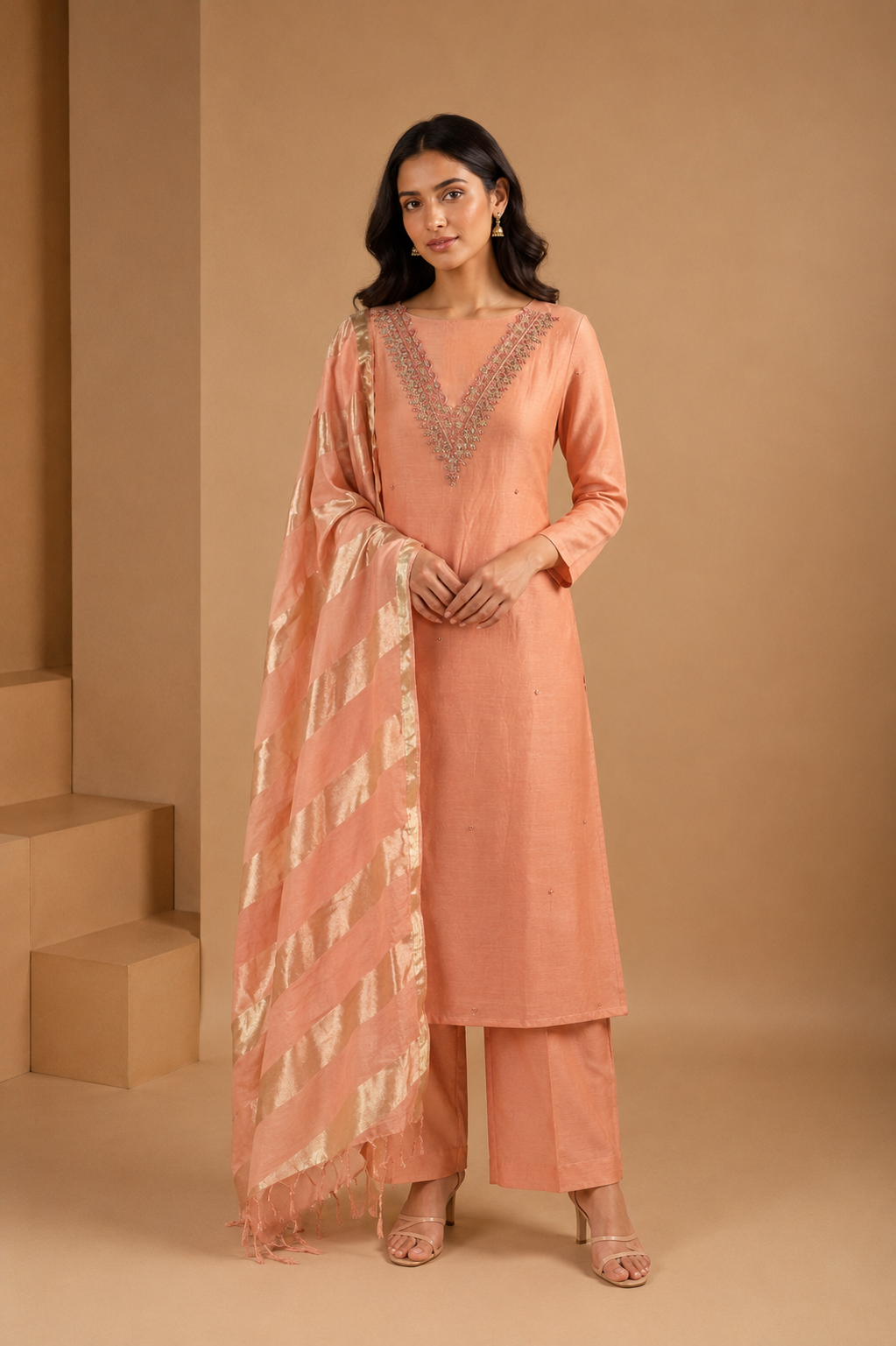 Peach Hand Embroidered Unstitched Chanderi Suit Set with Gold Tissue Striped Dupatta
