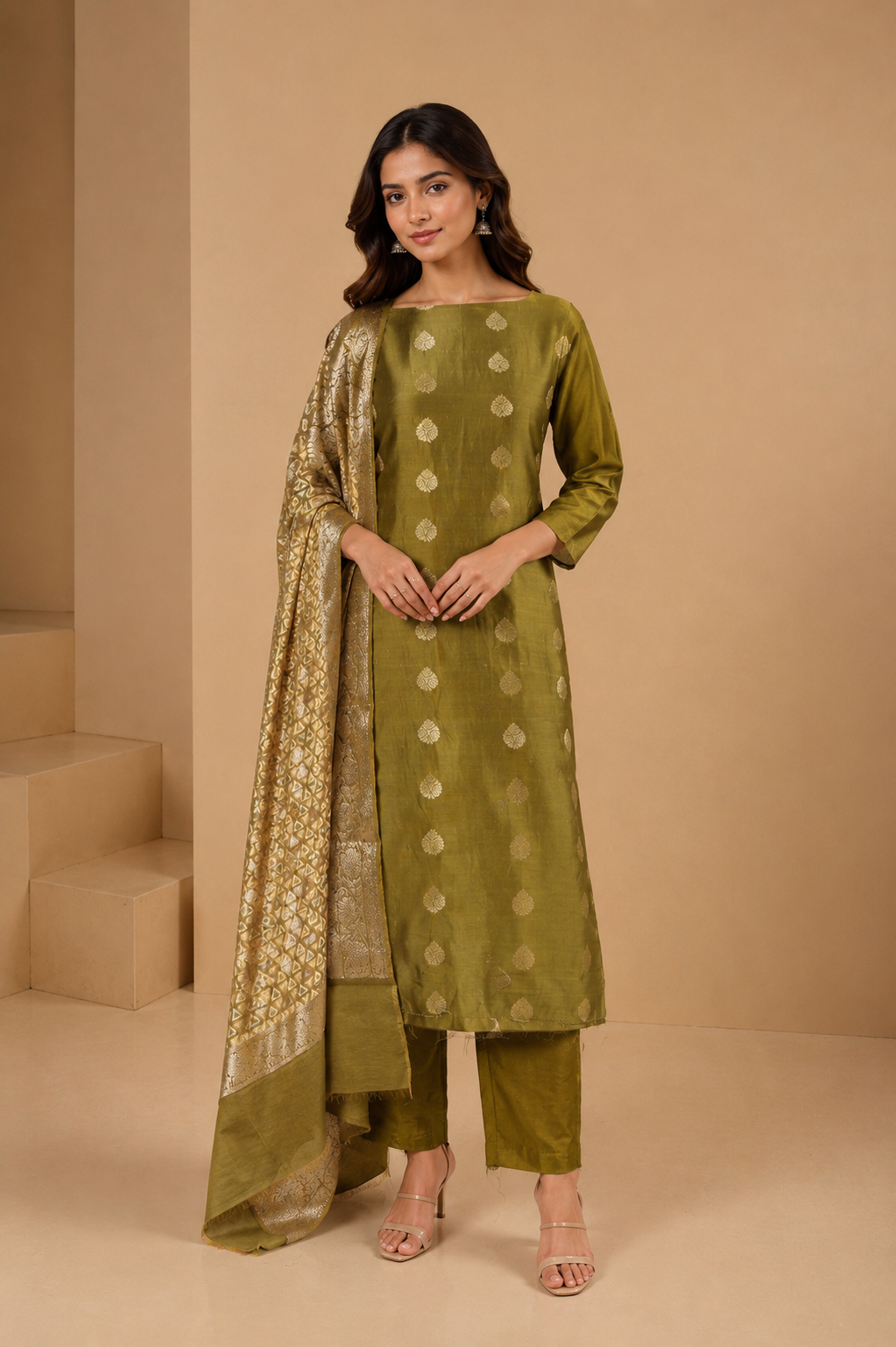 Olive Green Banarasi Weave Unstitched 3-Piece Suit Set