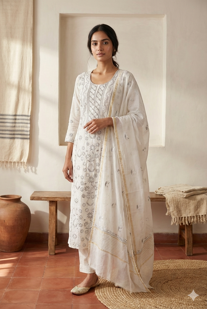 Ivory Mul Mul Cotton Chikankari Kurta Fabric with Dupatta – Unstitched 2-Piece Set