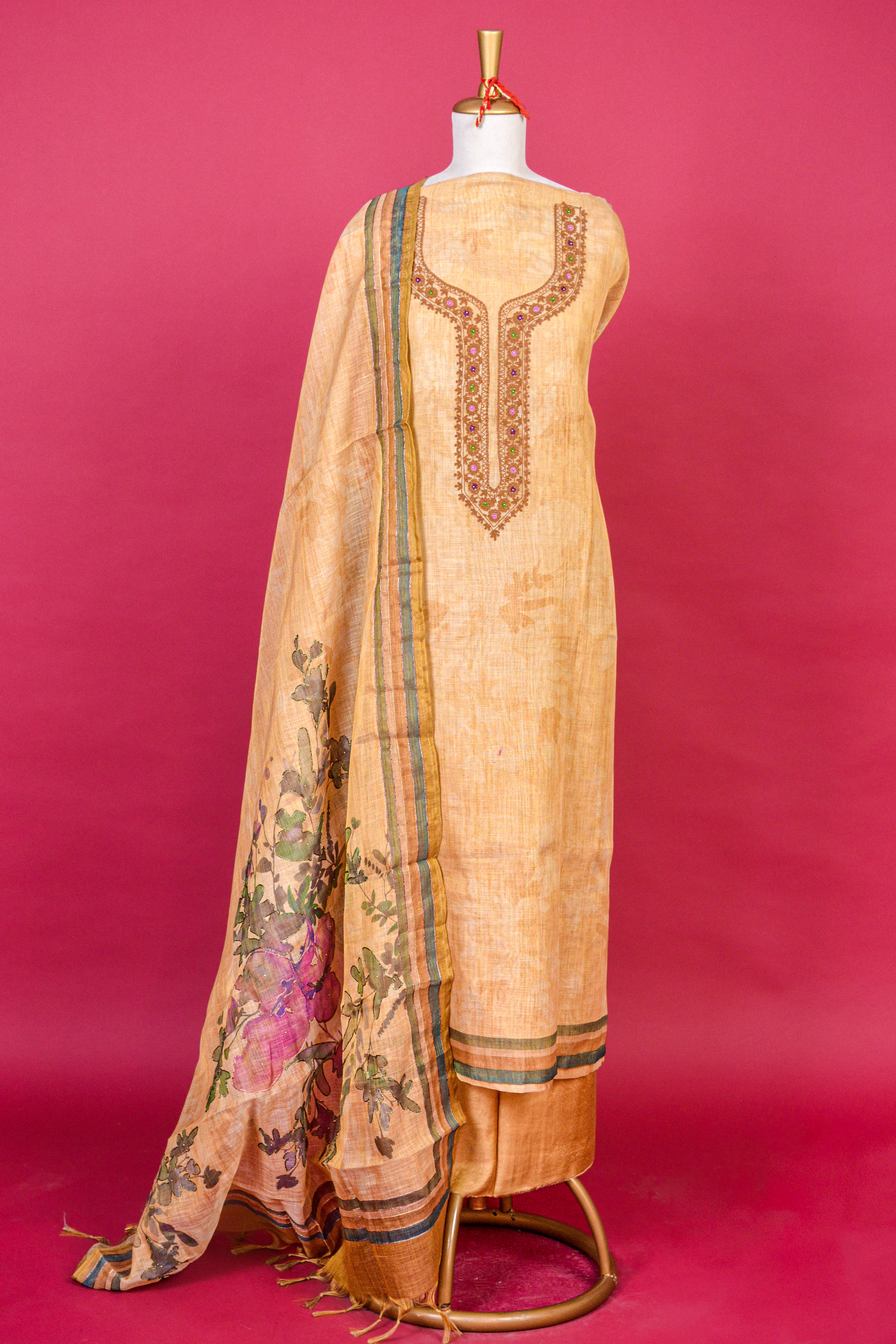 Earthy Yellow Linen Jamdani Dori Work Kurta with Digital Print Dupatta – 3 piece