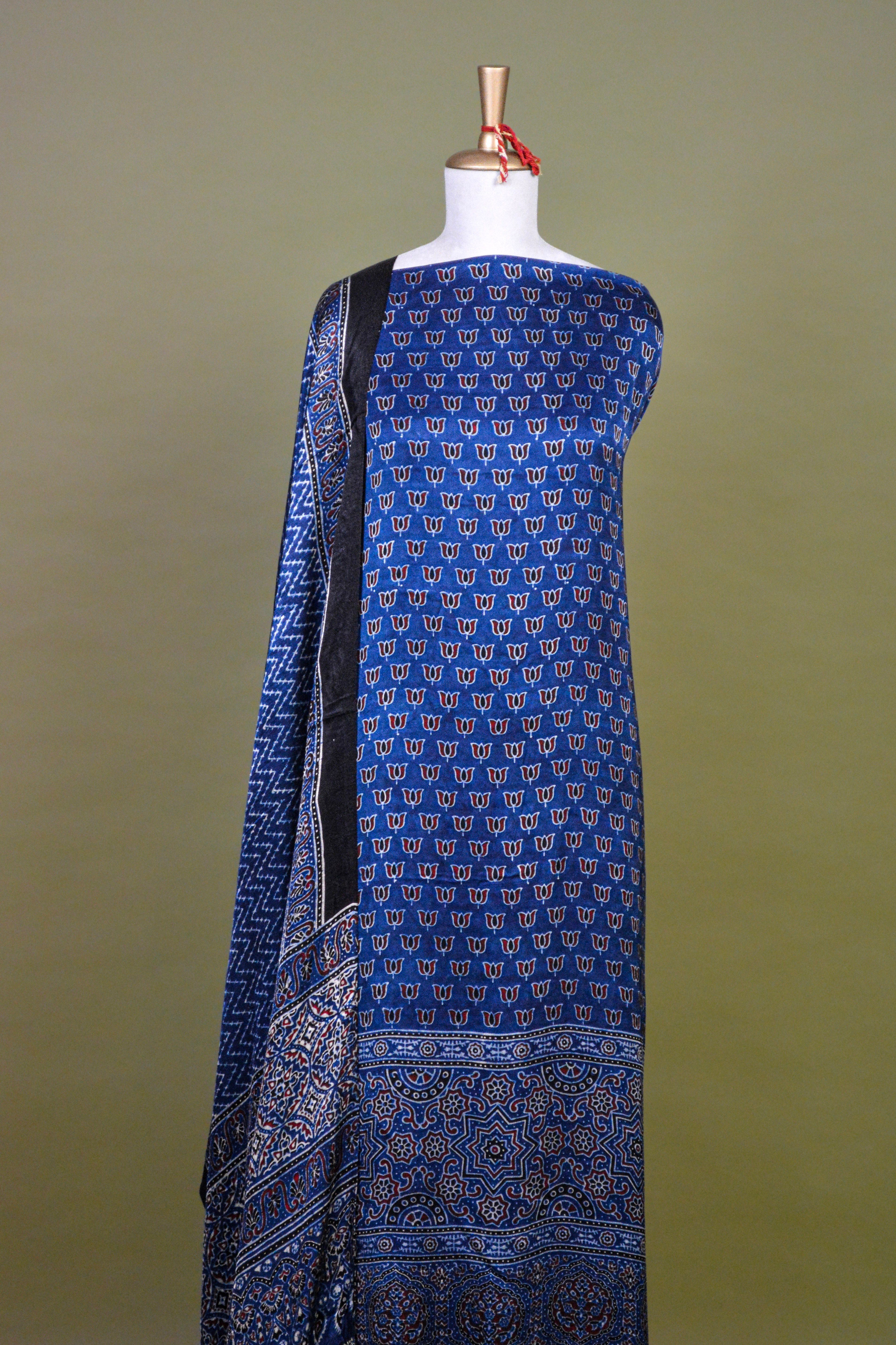 Indigo Blue Ajrakh Hand Block Printed Modal Silk Suit Set – Unstitched 3-Piece