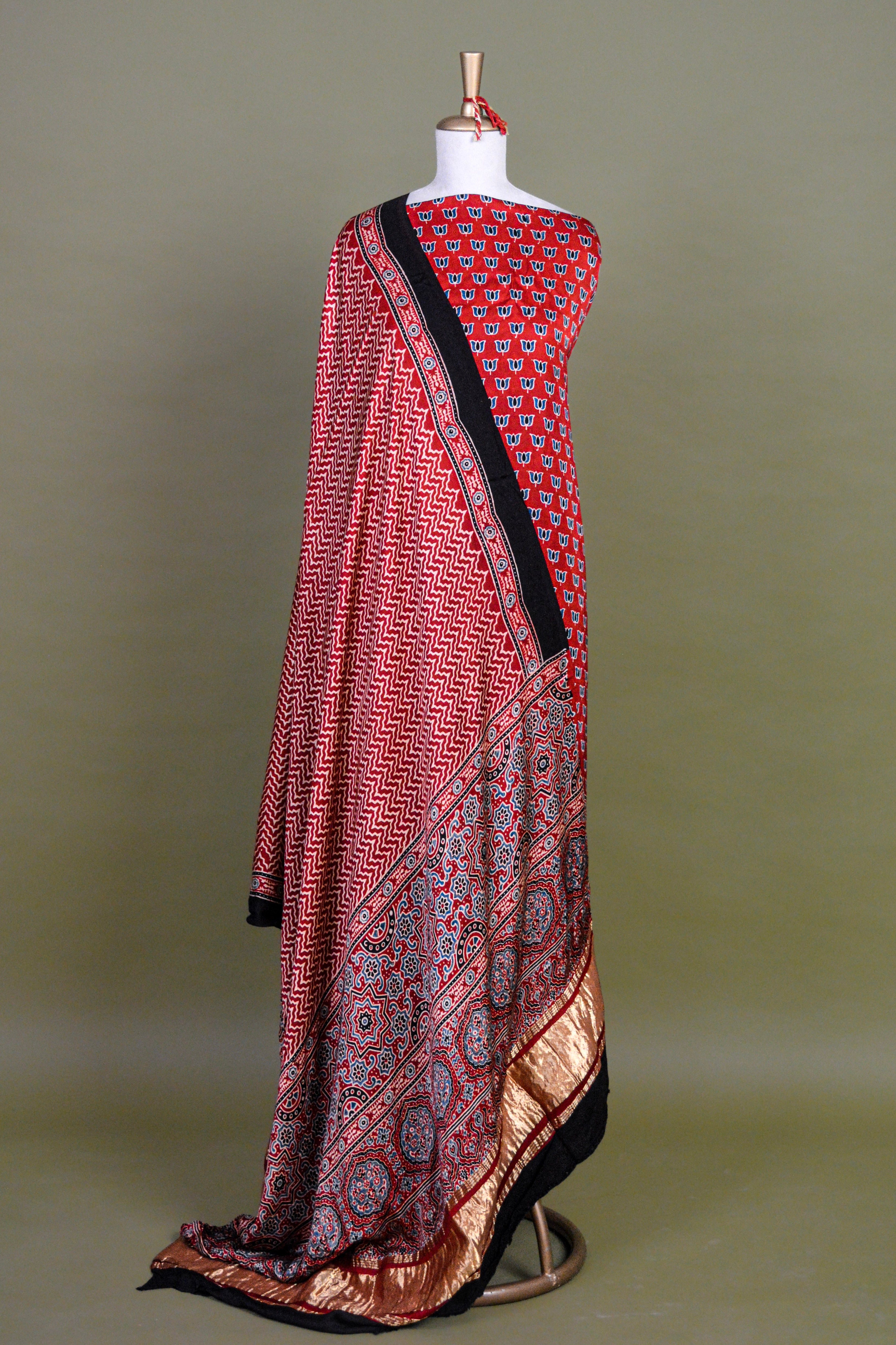 Brick Red Ajrakh Hand Block Printed Modal Silk Suit Set – Unstitched 3-Piece