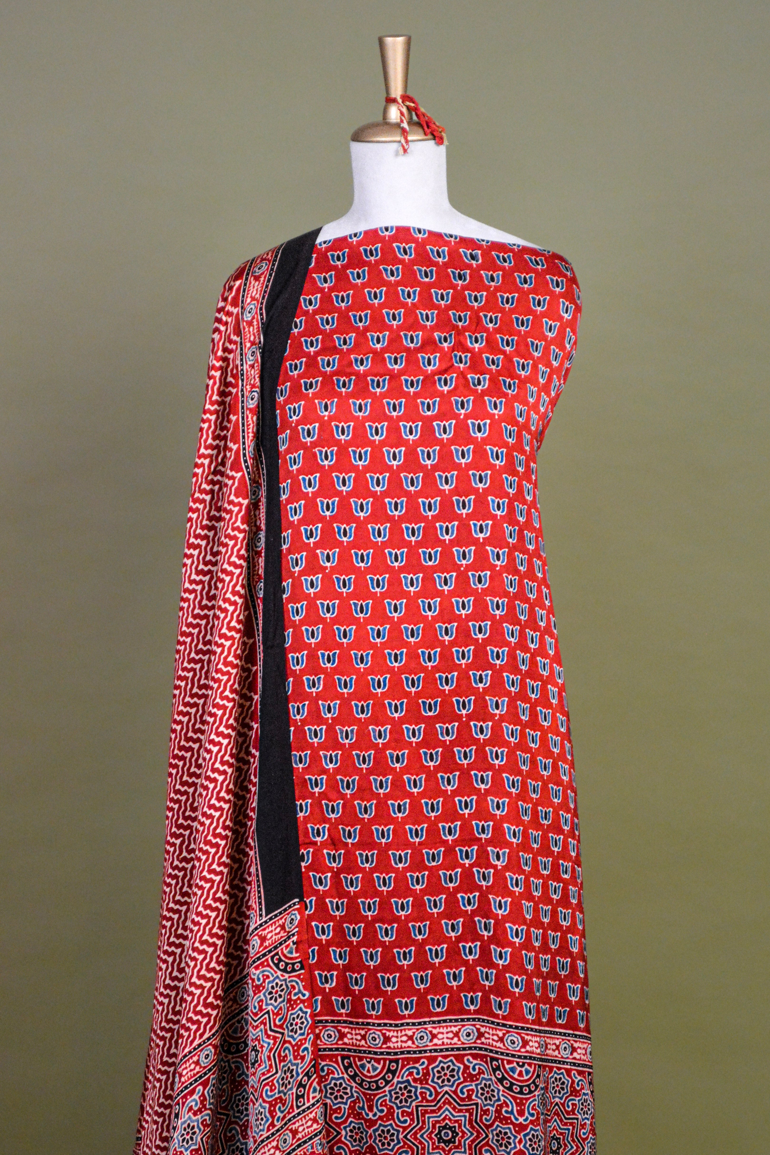 Brick Red Ajrakh Hand Block Printed Modal Silk Suit Set – Unstitched 3-Piece