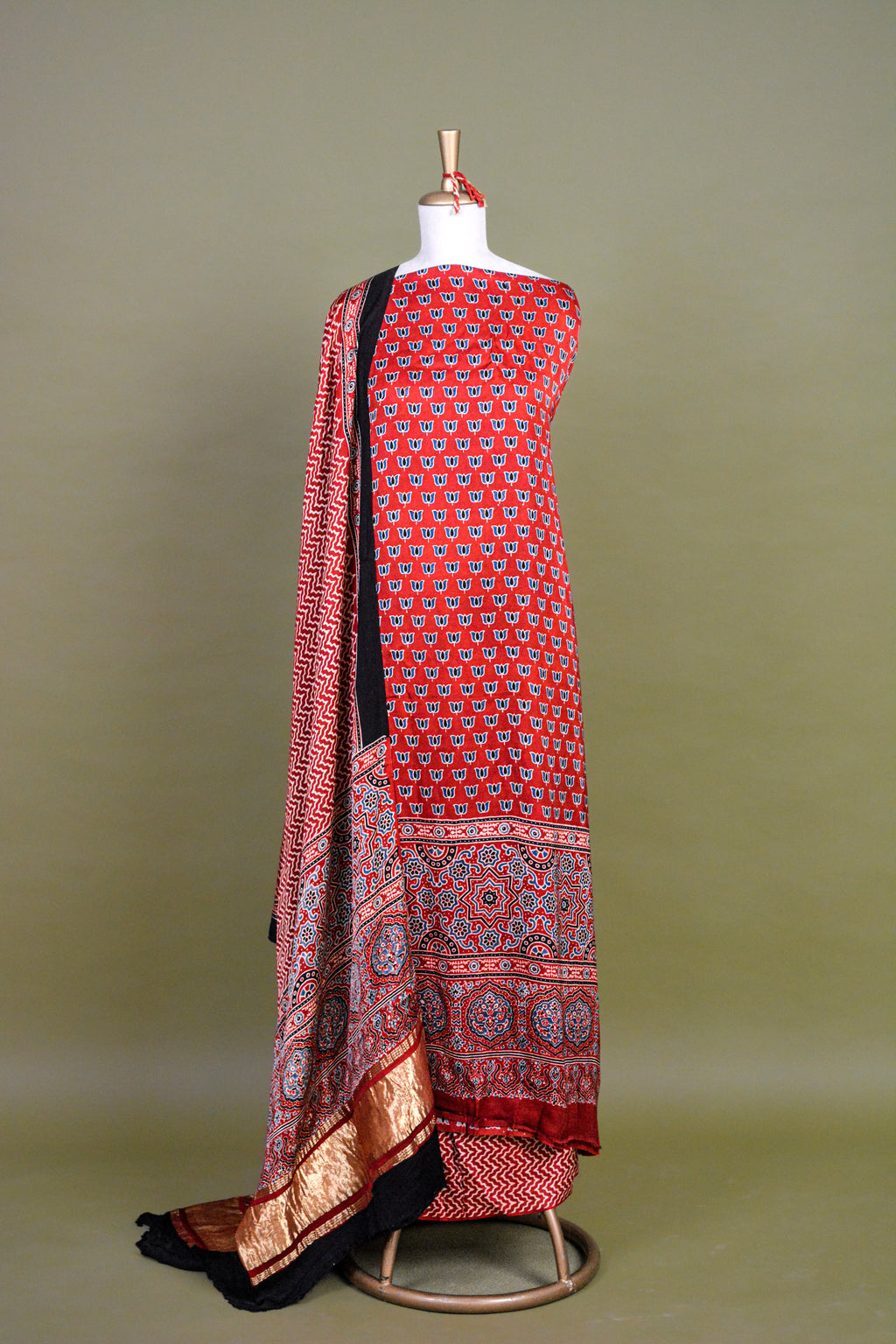 Brick Red Ajrakh Hand Block Printed Modal Silk Suit Set – Unstitched 3-Piece