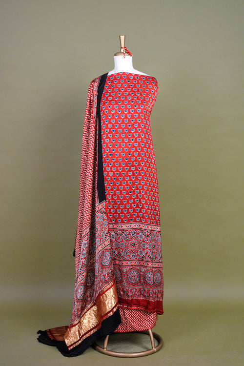 Brick Red Ajrakh Hand Block Printed Modal Silk Suit Set – Unstitched 3-Piece
