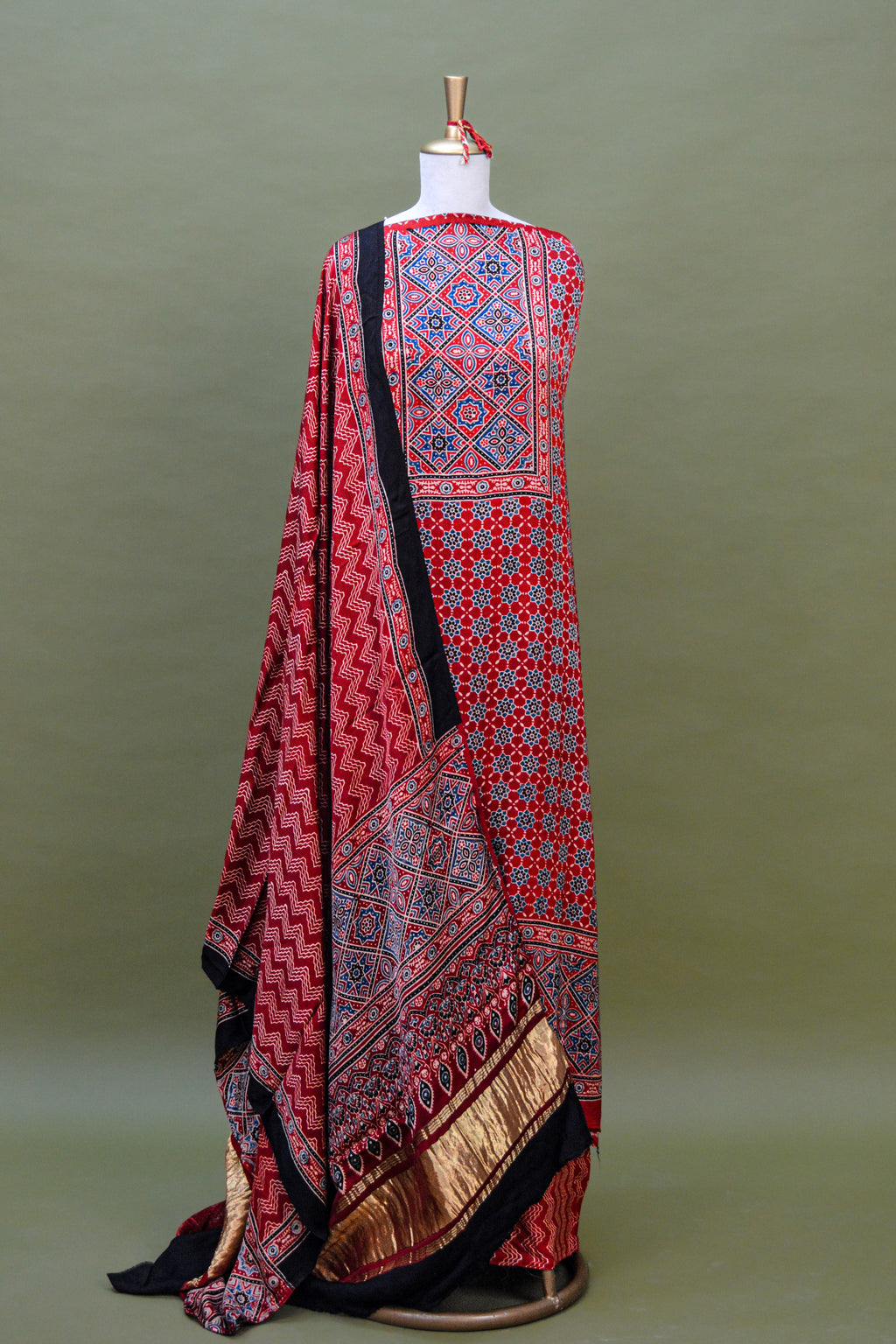 Crimson Red Ajrakh Hand Block Printed Modal Silk Suit Set – Unstitched 3-Piece