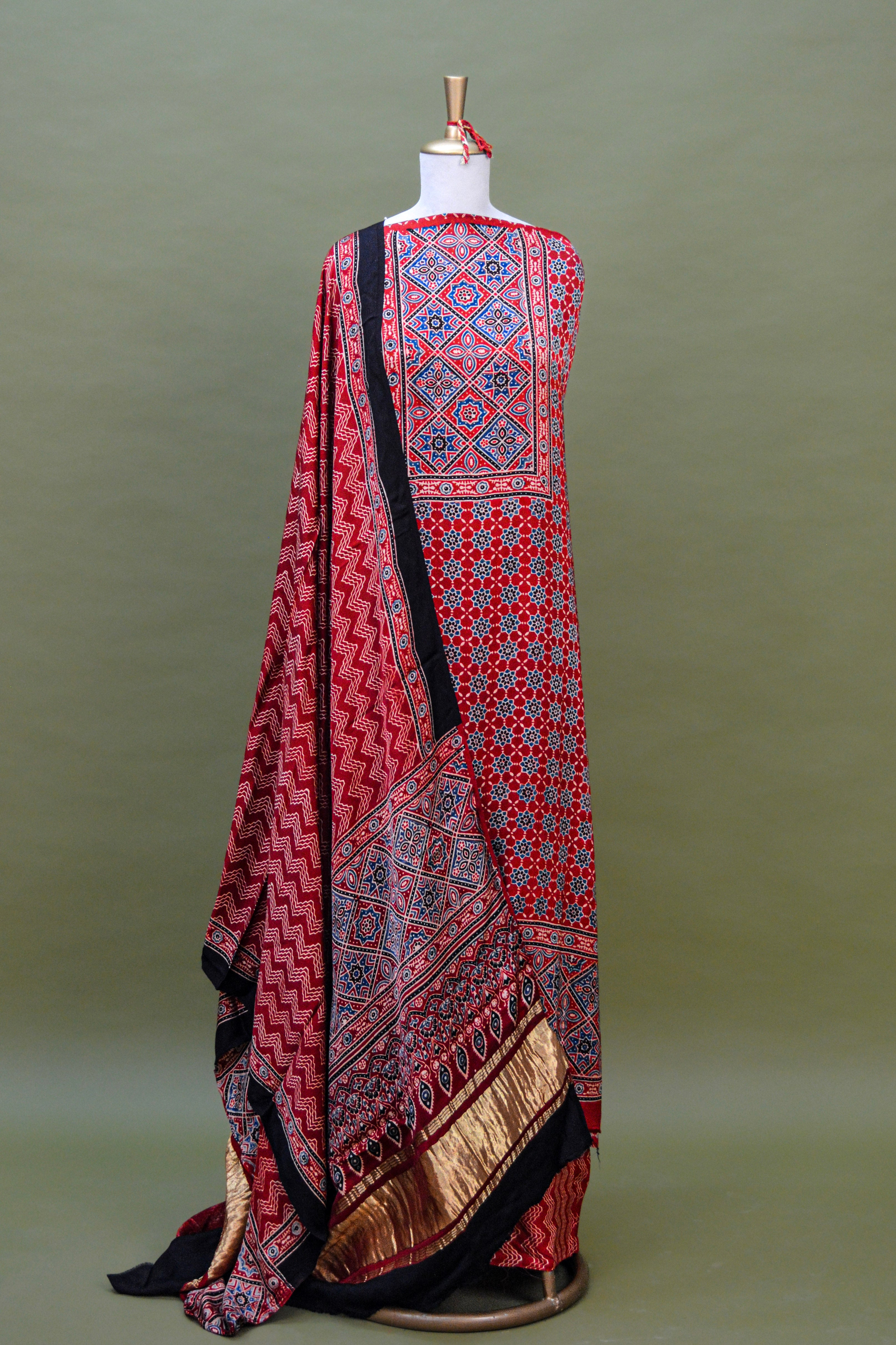 Crimson Red Ajrakh Hand Block Printed Modal Silk Suit Set – Unstitched 3-Piece