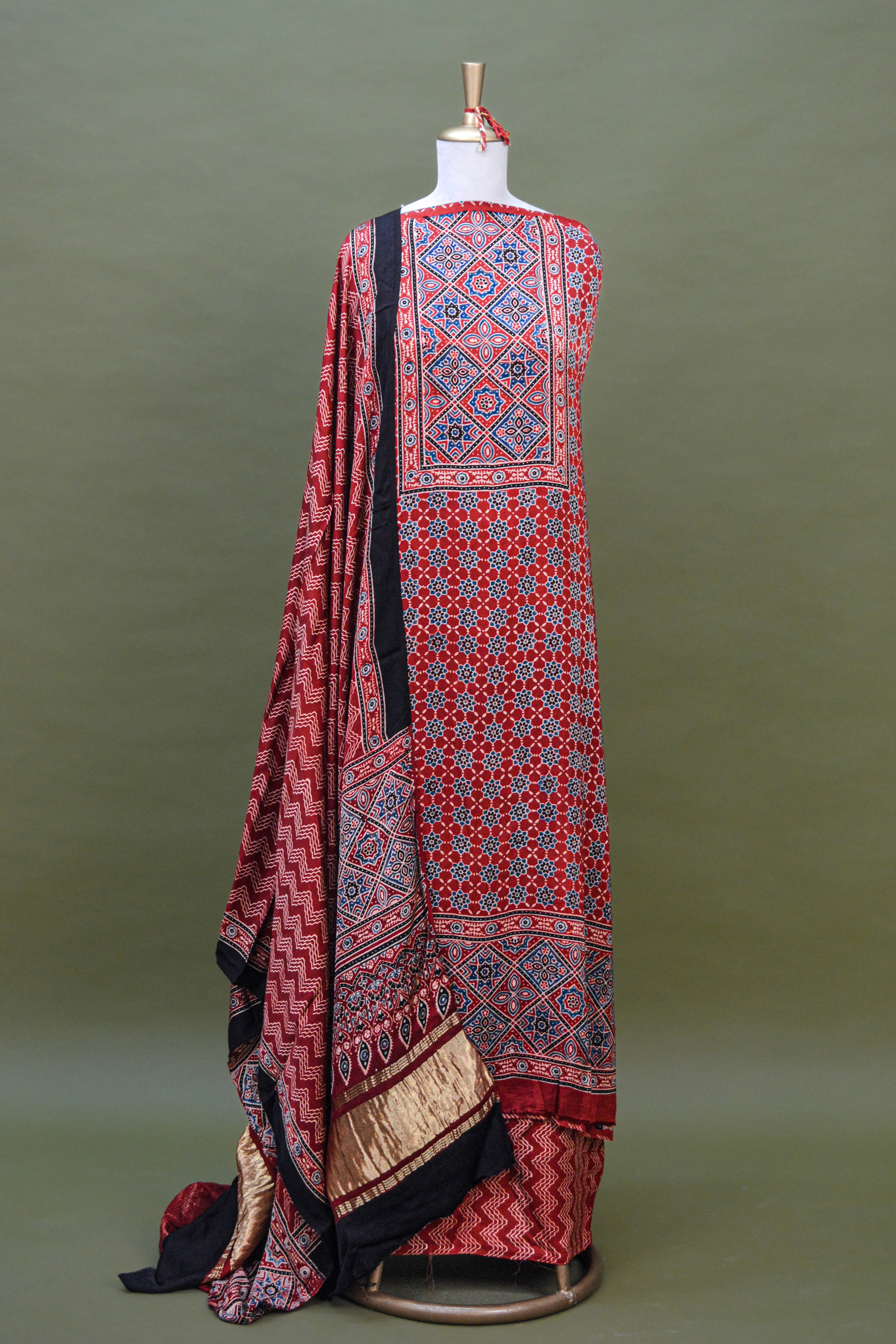 Crimson Red Ajrakh Hand Block Printed Modal Silk Suit Set – Unstitched 3-Piece