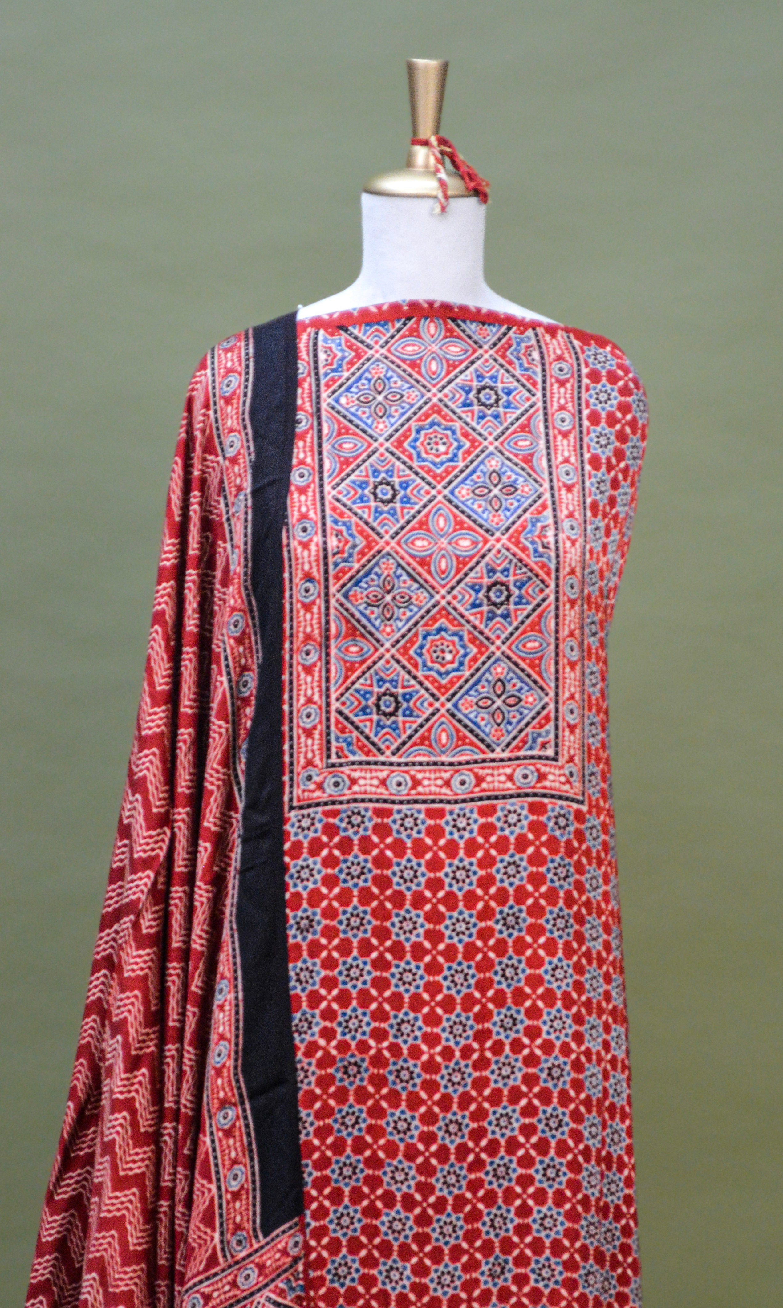 Crimson Red Ajrakh Hand Block Printed Modal Silk Suit Set – Unstitched 3-Piece