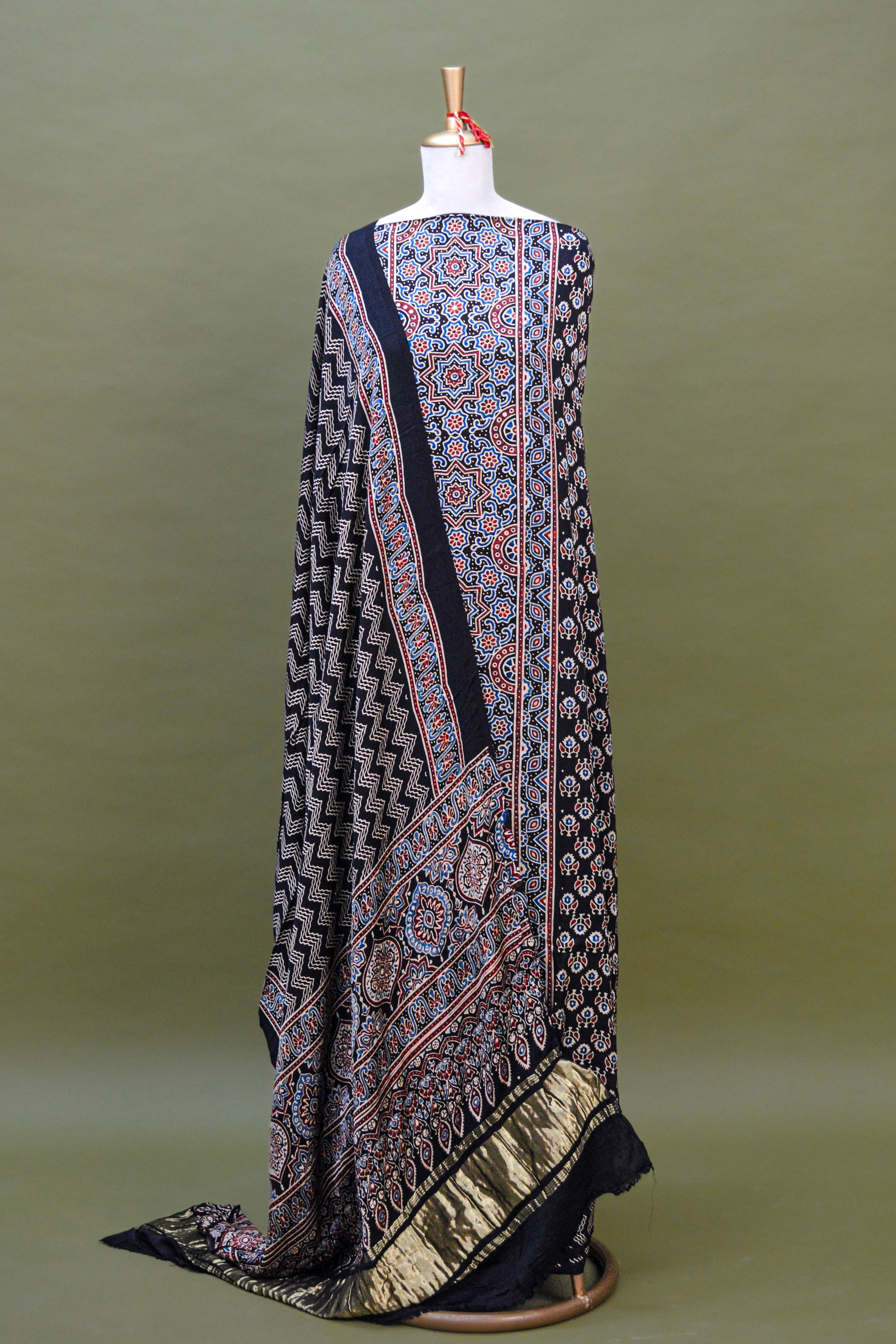 Midnight Black Ajrakh Hand Block Printed Modal Silk Suit Set – Unstitched 3-Piece