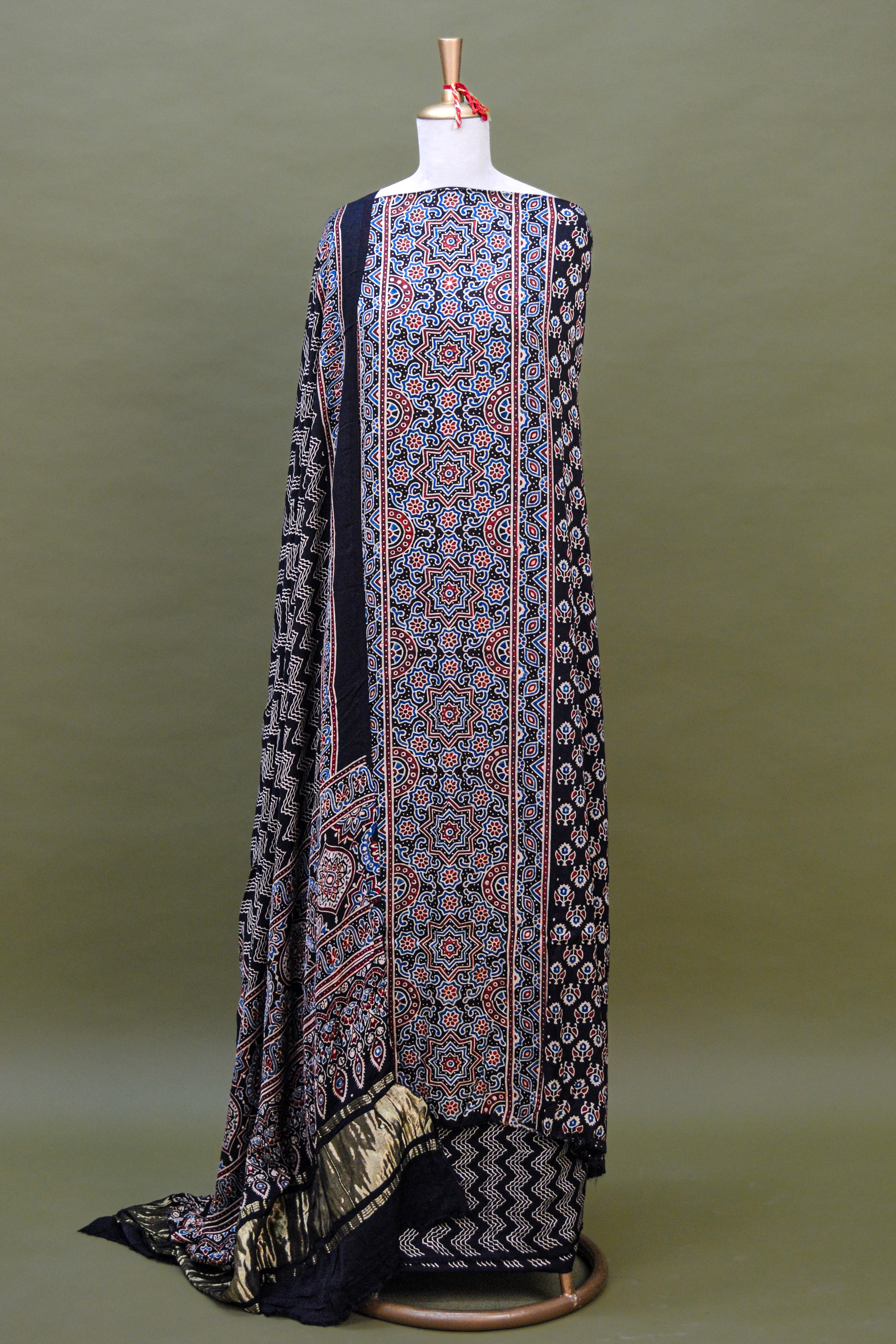 Midnight Black Ajrakh Hand Block Printed Modal Silk Suit Set – Unstitched 3-Piece