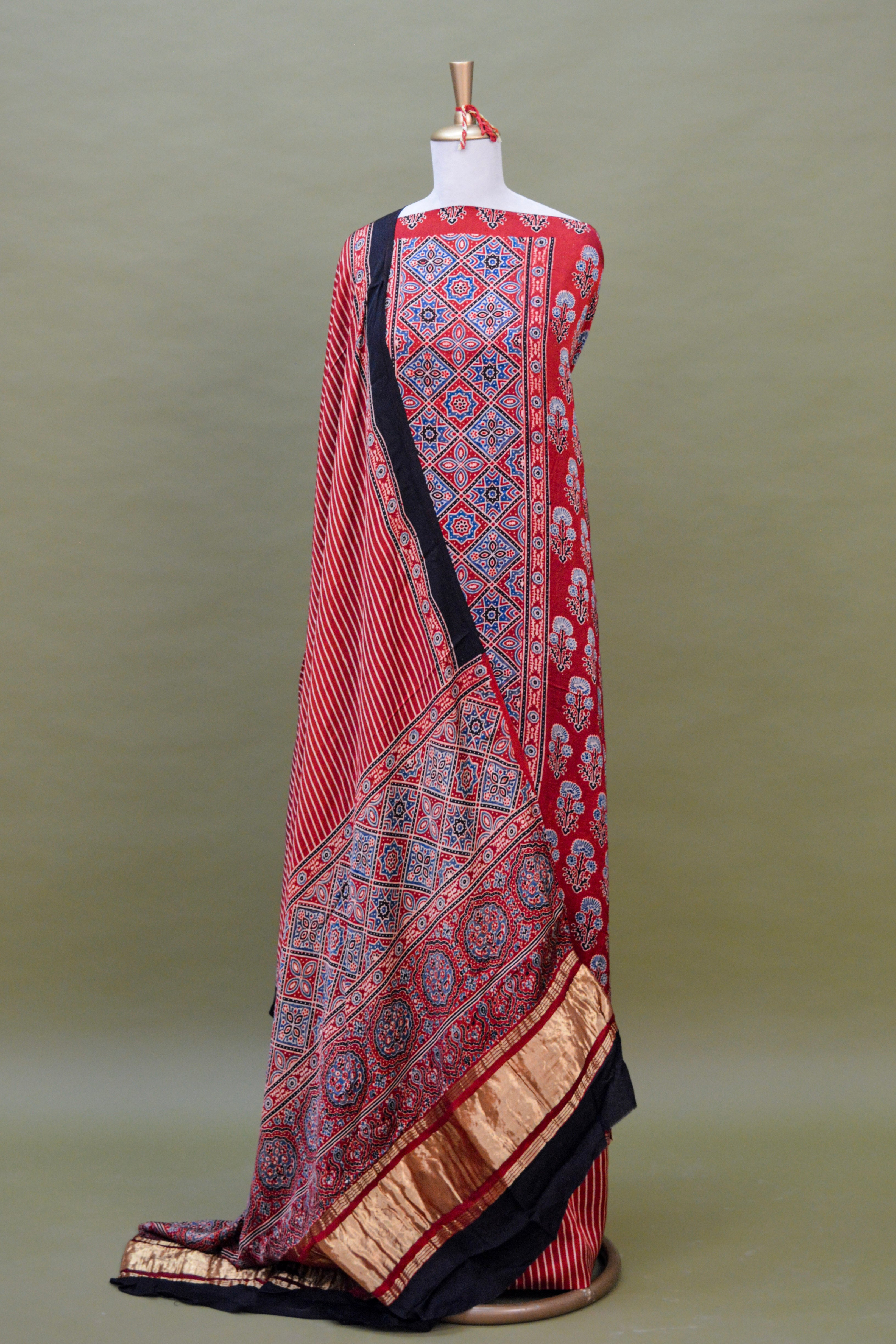 Rust Red Ajrakh Hand Block Printed Modal Silk Suit Set – Unstitched 3-Piece