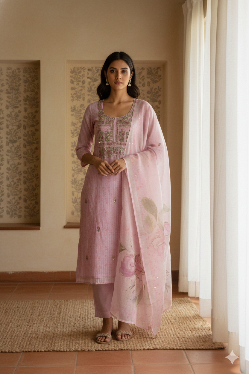Blush Pink Jamdani Kota Cotton Suit Set with Printed Dupatta & Hand Embroidery – Unstitched 3-Piece