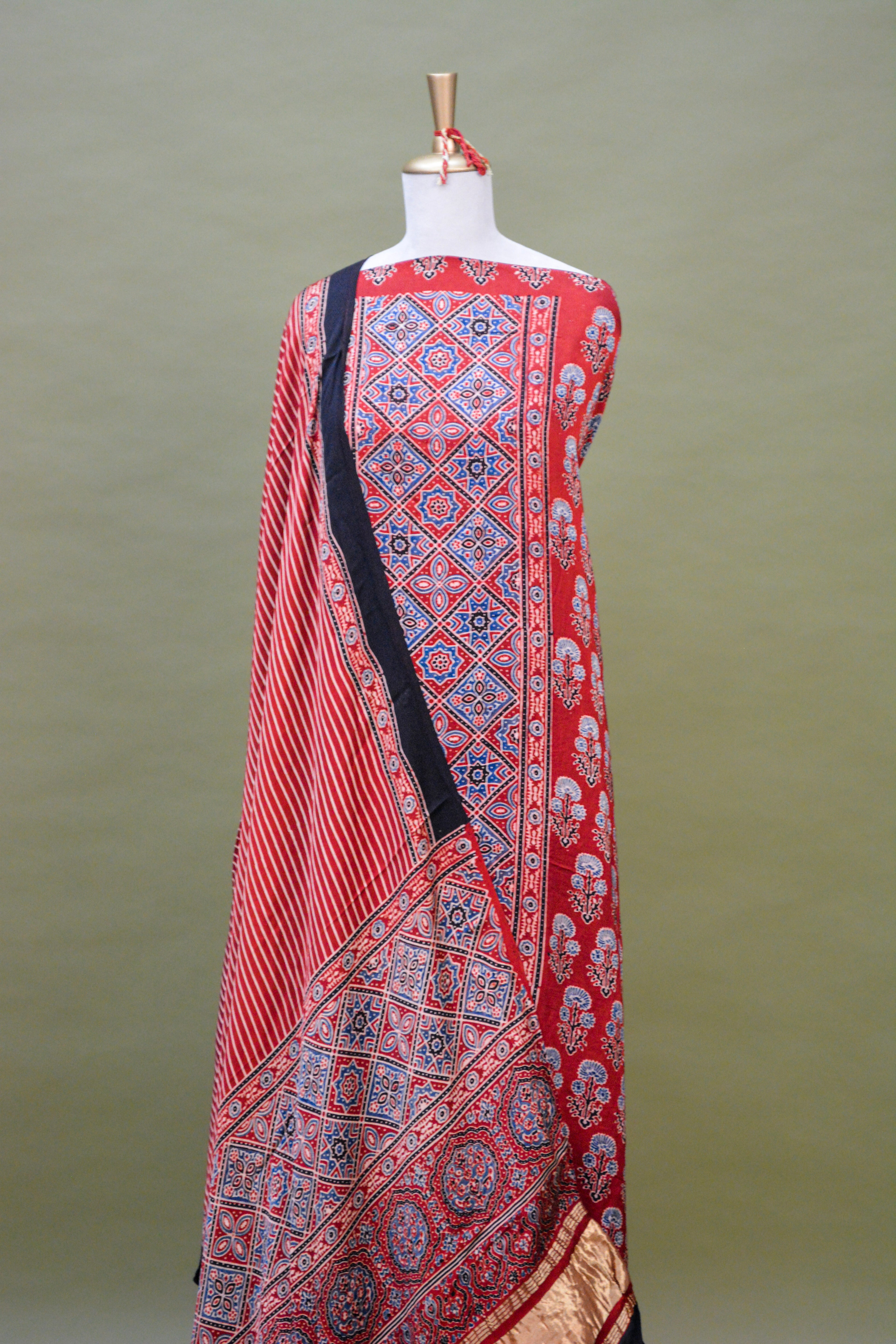 Rust Red Ajrakh Hand Block Printed Modal Silk Suit Set – Unstitched 3-Piece