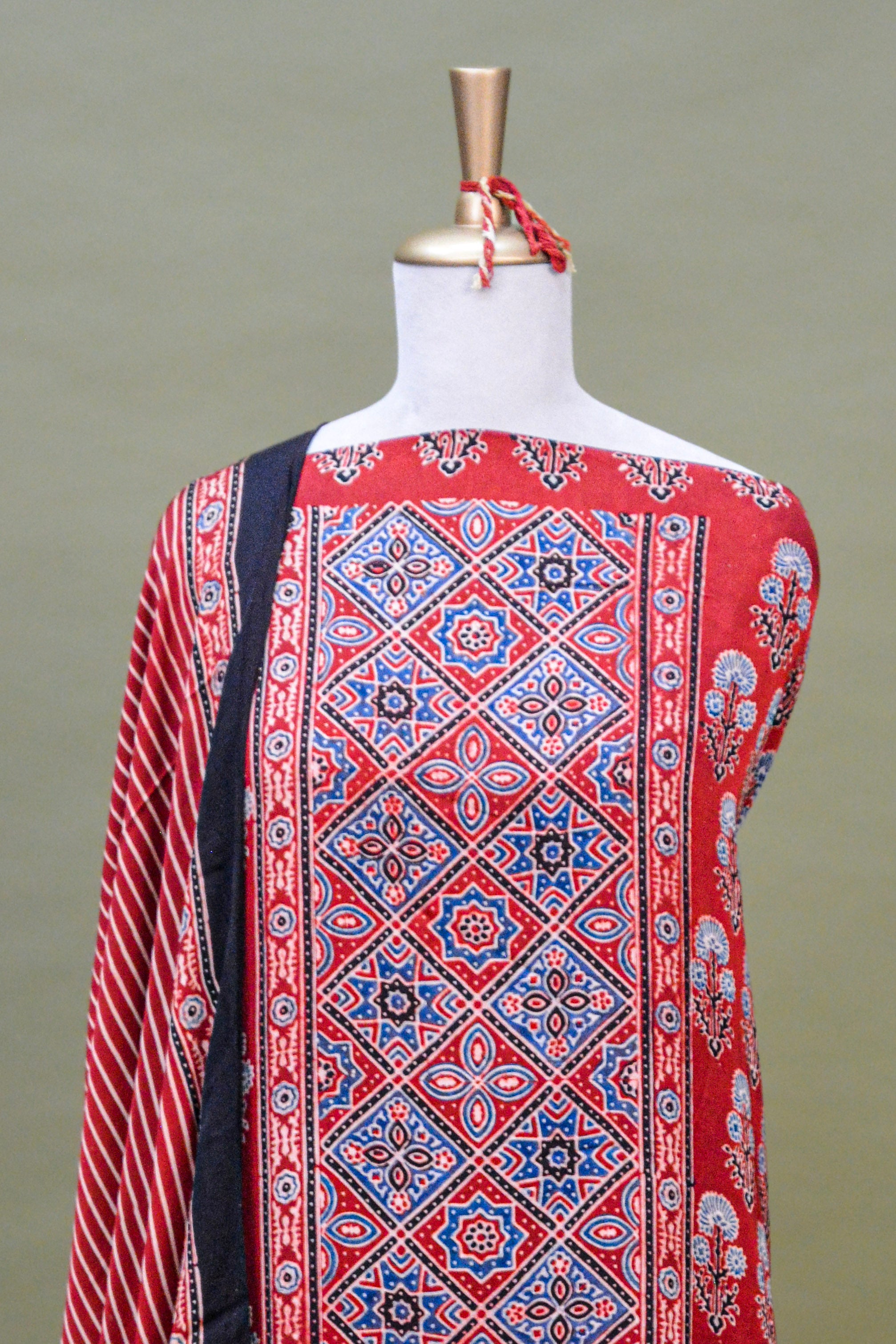 Rust Red Ajrakh Hand Block Printed Modal Silk Suit Set – Unstitched 3-Piece