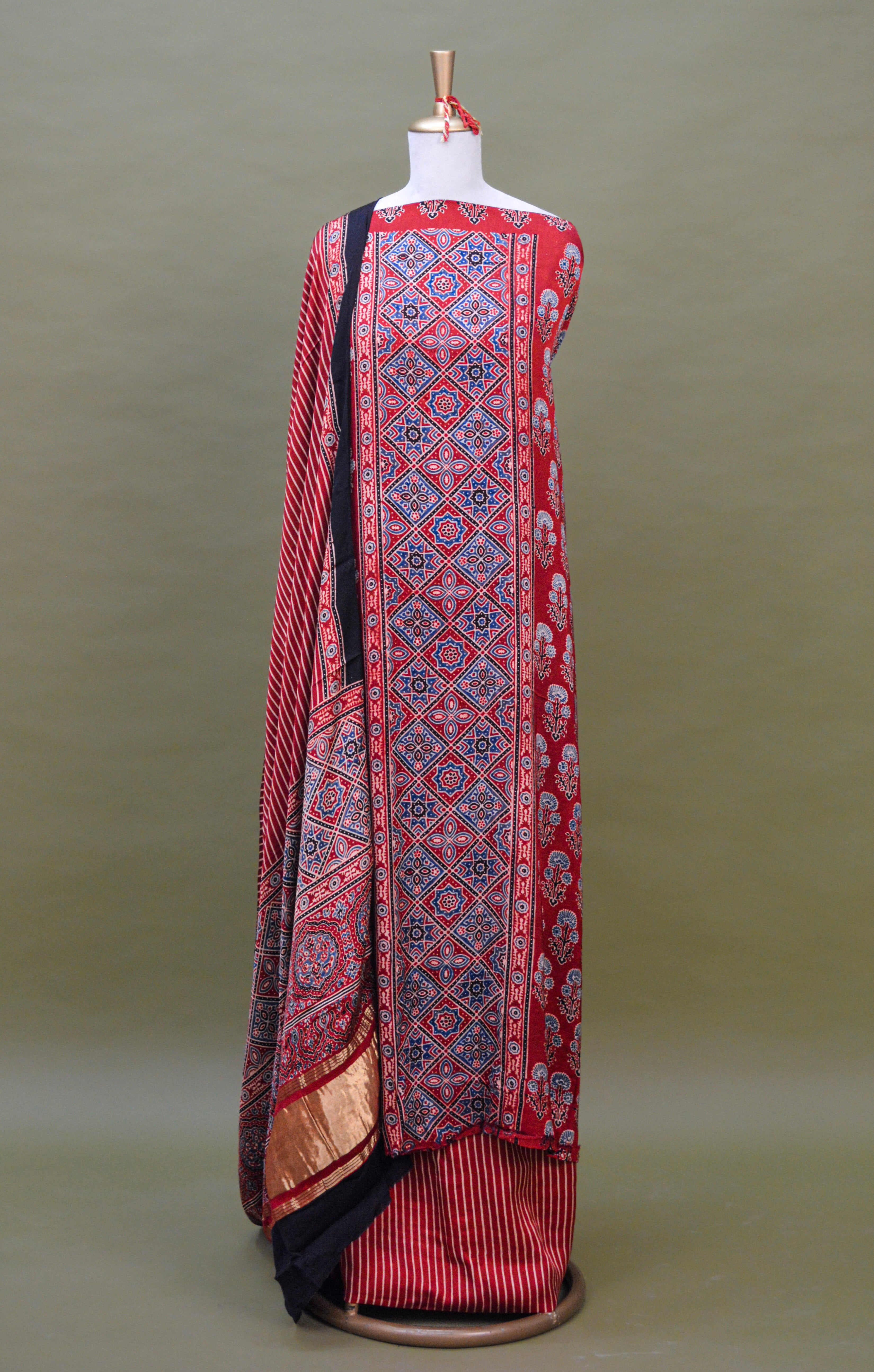 Rust Red Ajrakh Hand Block Printed Modal Silk Suit Set – Unstitched 3-Piece