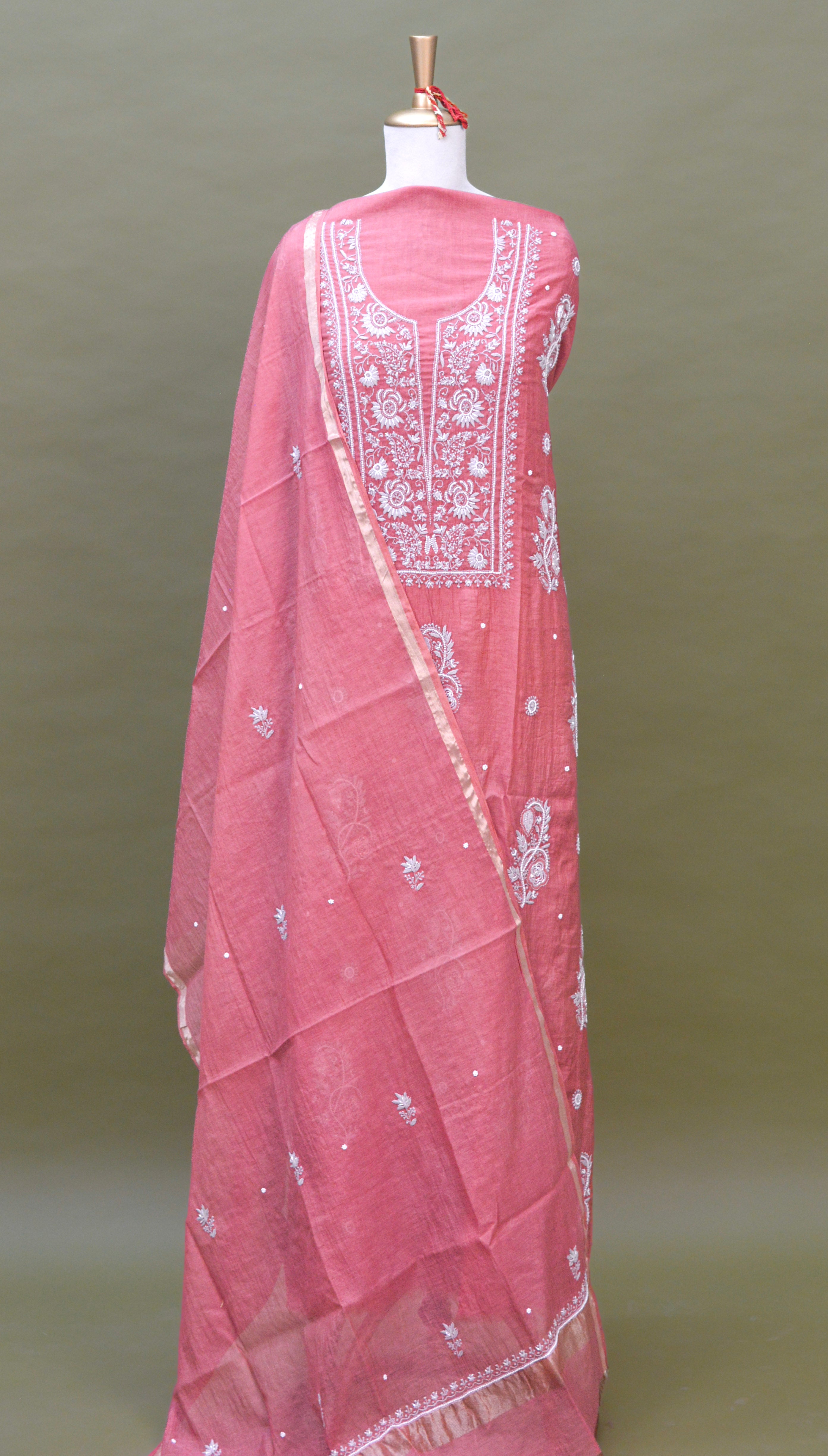 Dusty Rose Mul Mul Cotton Chikankari Kurta Fabric with Dupatta – Unstitched 2-Piece Set