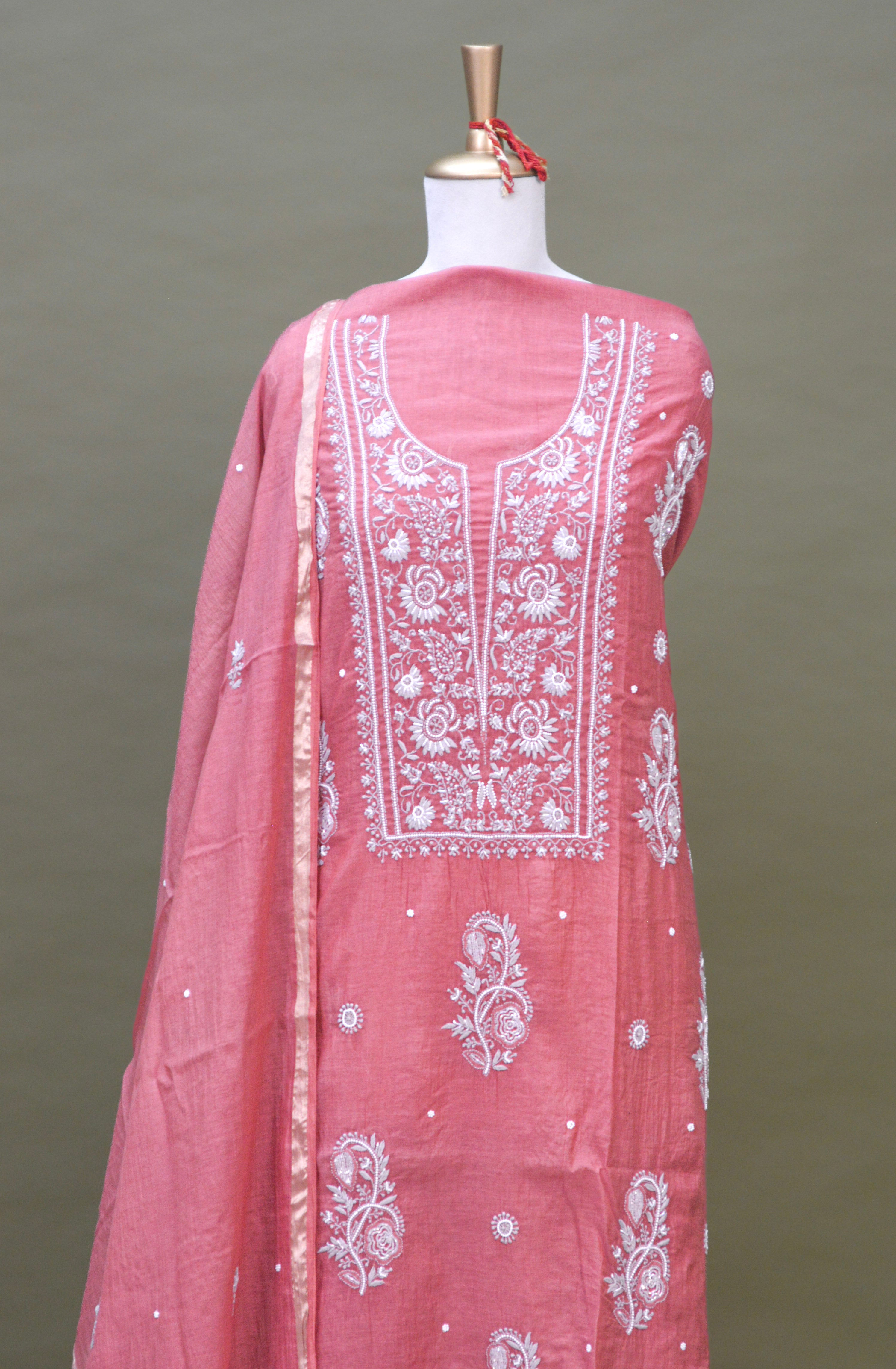 Dusty Rose Mul Mul Cotton Chikankari Kurta Fabric with Dupatta – Unstitched 2-Piece Set