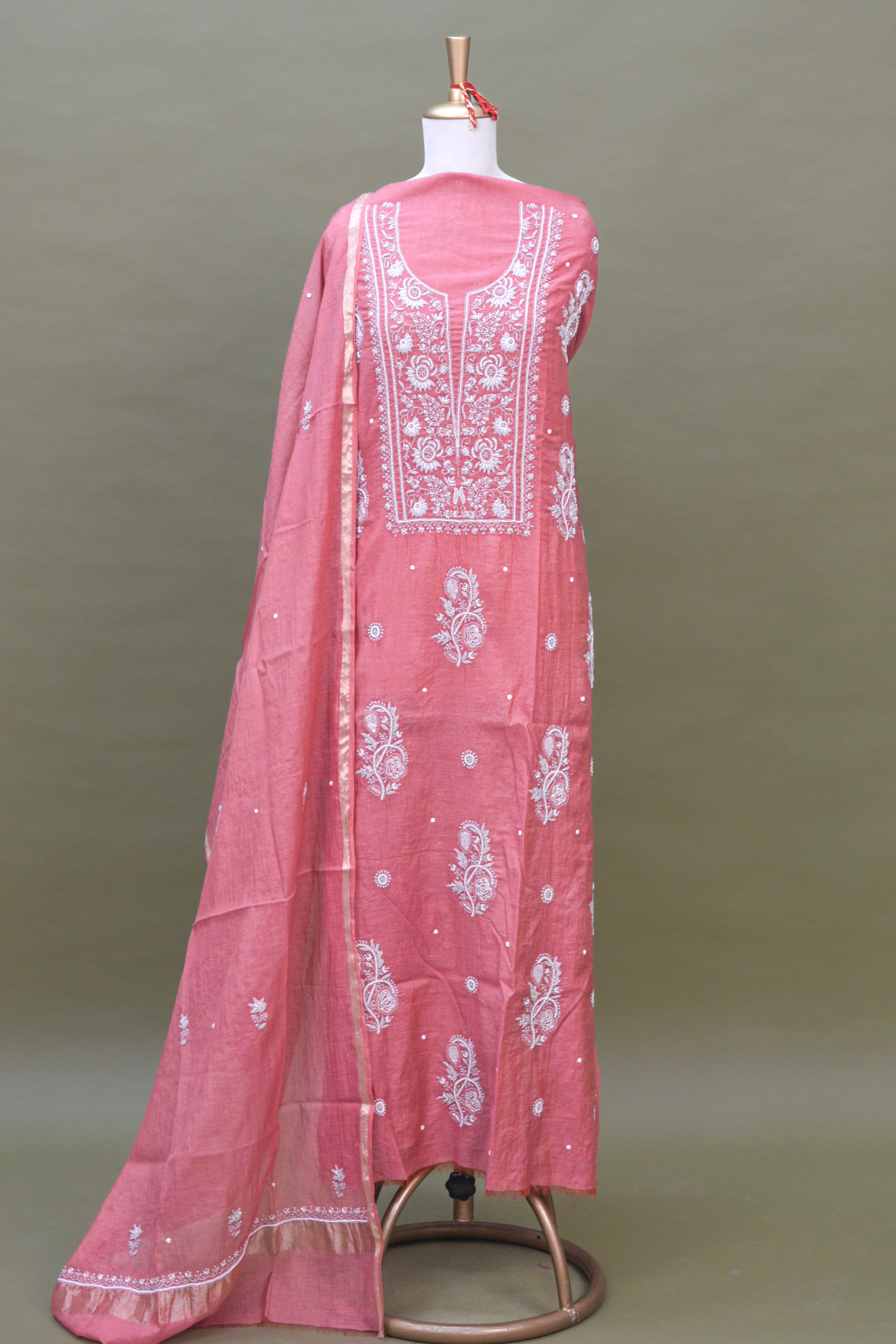 Dusty Rose Mul Mul Cotton Chikankari Kurta Fabric with Dupatta – Unstitched 2-Piece Set