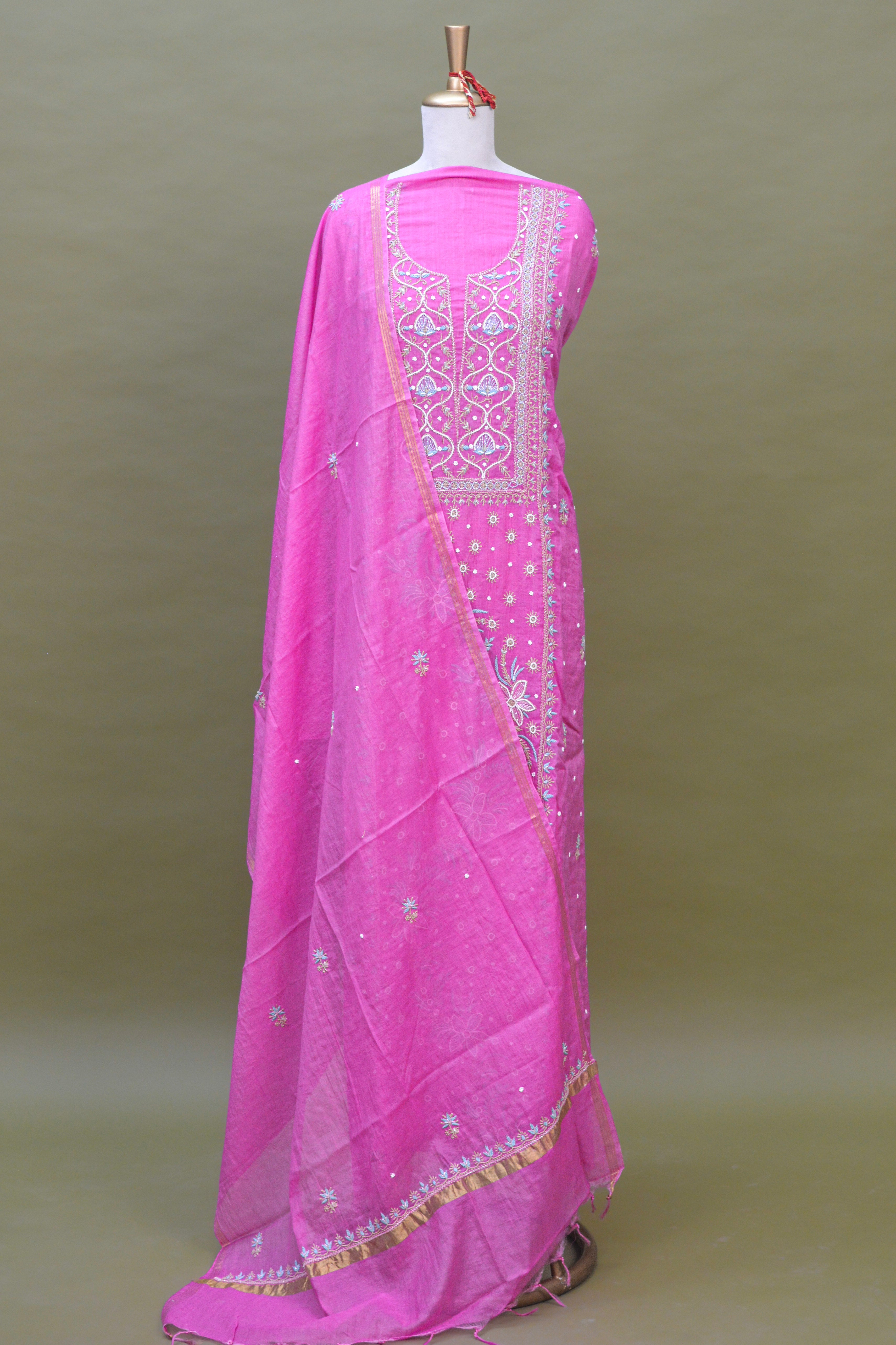 Rose Pink Mul Mul Cotton Chikankari Kurta Fabric with Dupatta – Unstitched 2-Piece Set