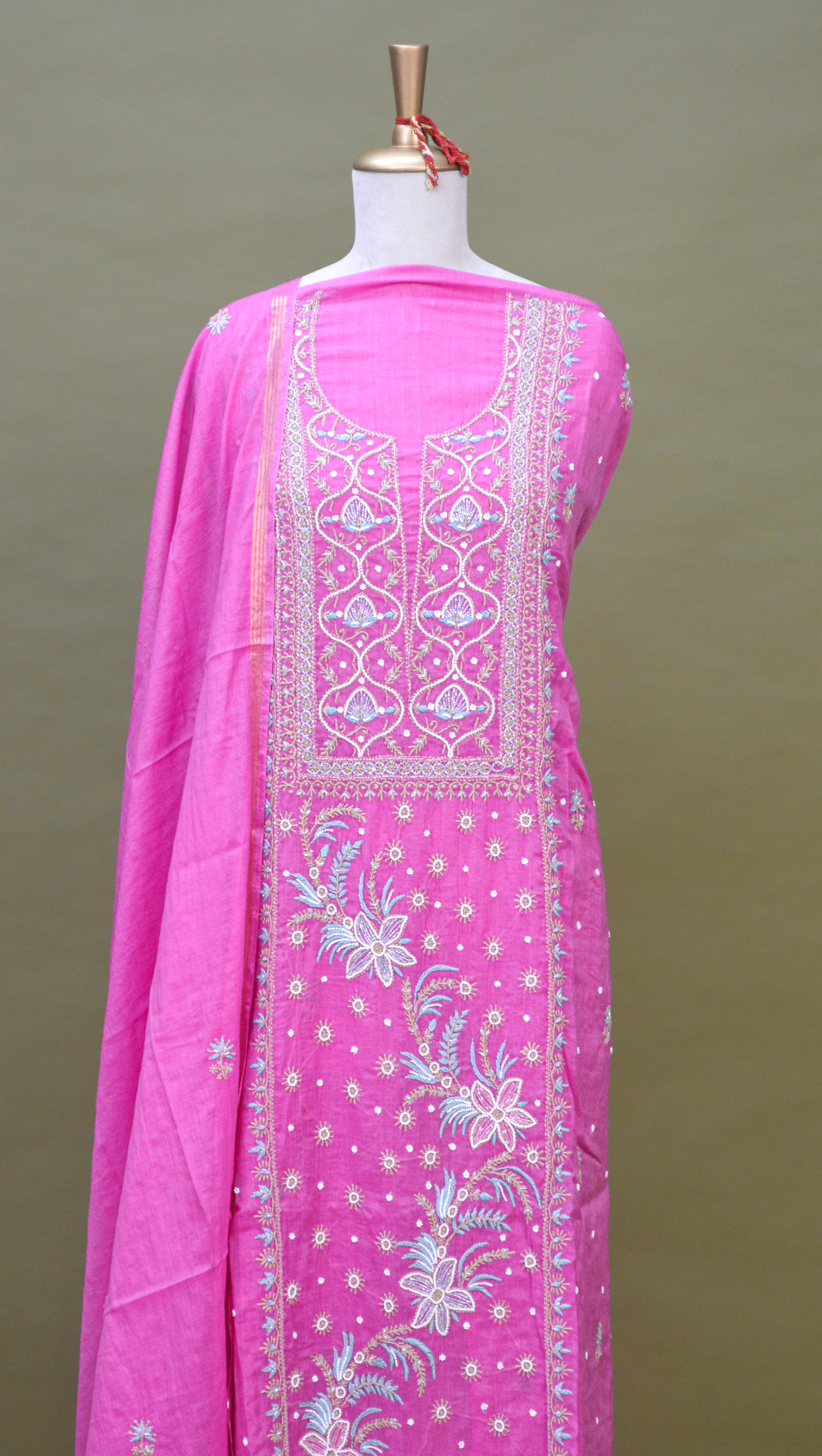 Rose Pink Mul Mul Cotton Chikankari Kurta Fabric with Dupatta – Unstitched 2-Piece Set