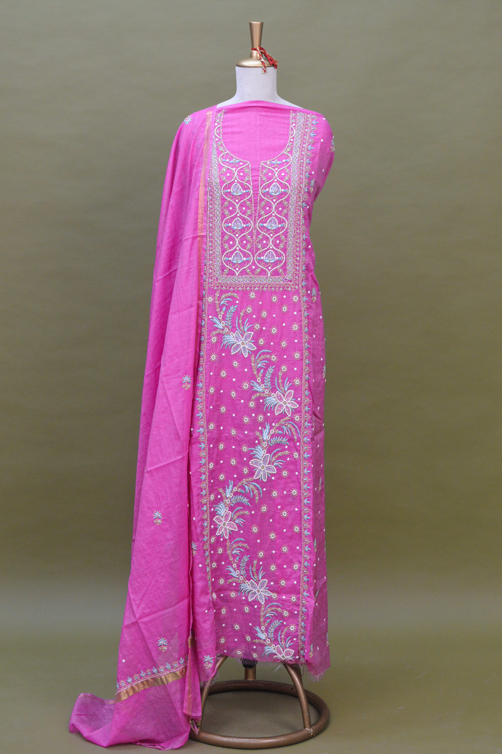 Rose Pink Mul Mul Cotton Chikankari Kurta Fabric with Dupatta – Unstitched 2-Piece Set