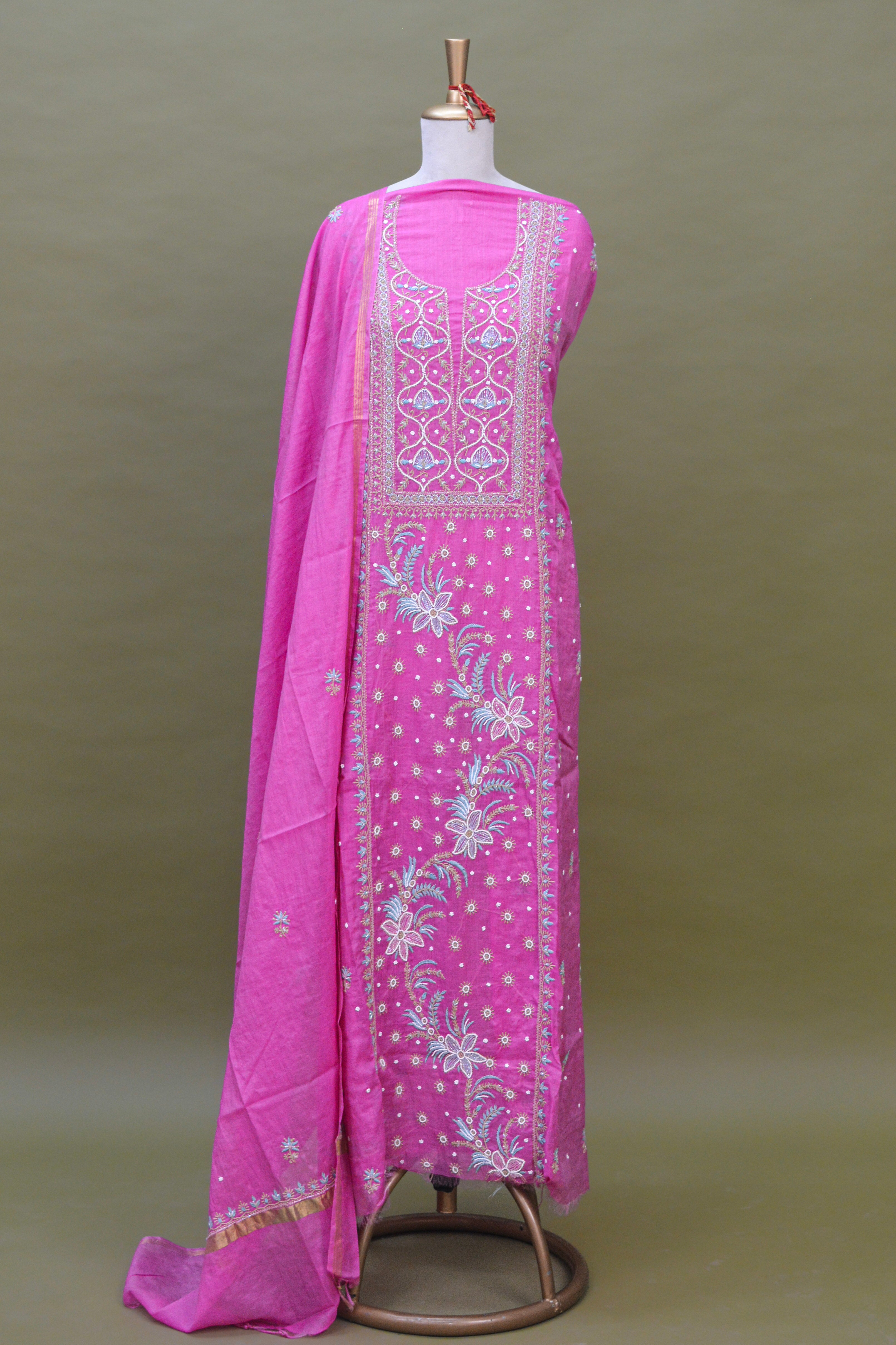 Rose Pink Mul Mul Cotton Chikankari Kurta Fabric with Dupatta – Unstitched 2-Piece Set