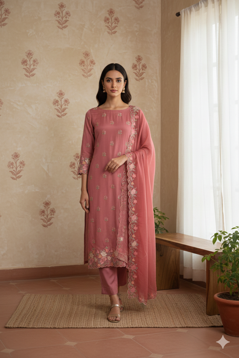 Rosewood Pink Chinon Suit Set with Cutwork Resham Embroidery – Unstitched 3-Piece