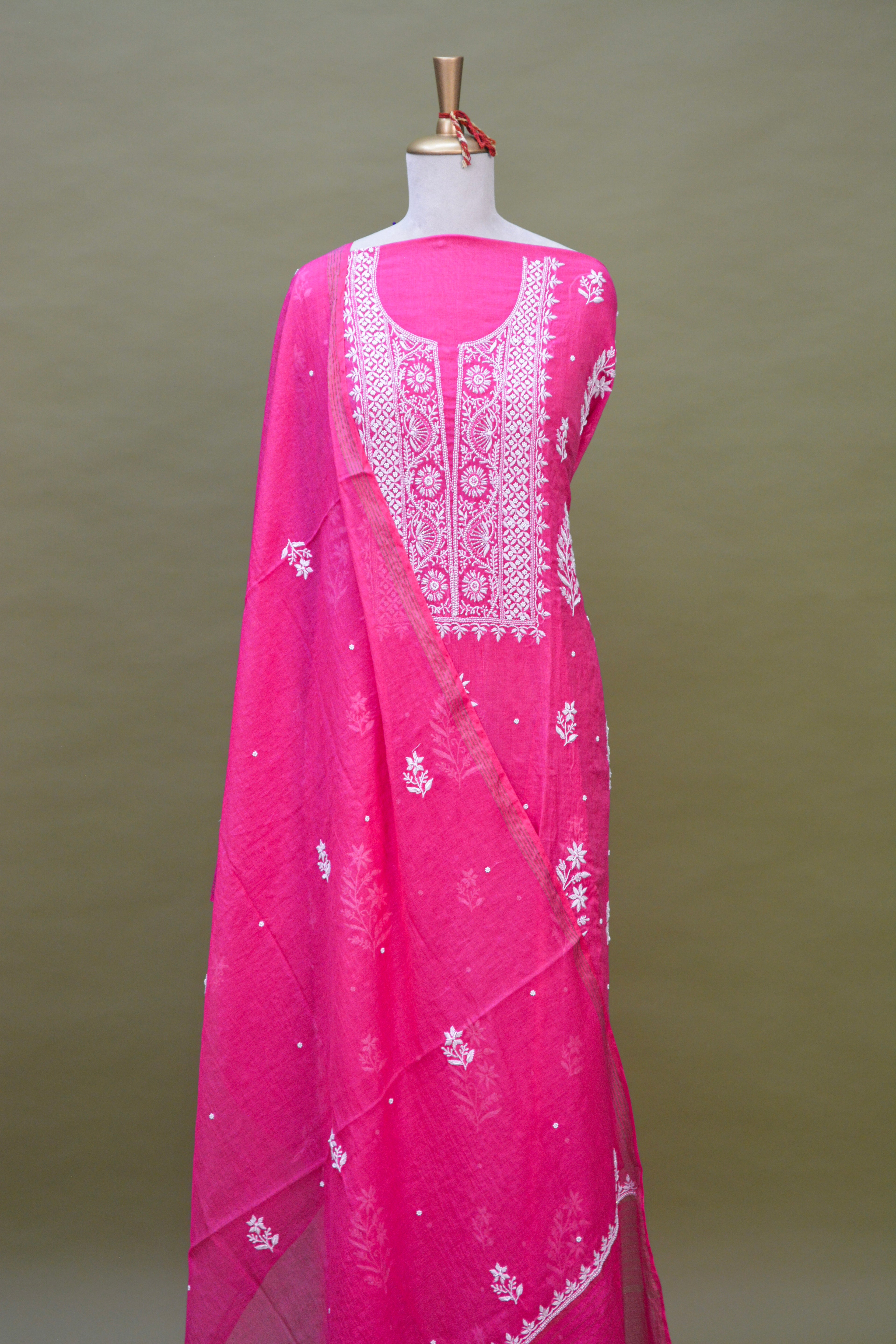 Rani Pink Mul Mul Cotton Chikankari Kurta Fabric with Dupatta – Unstitched 2-Piece Set