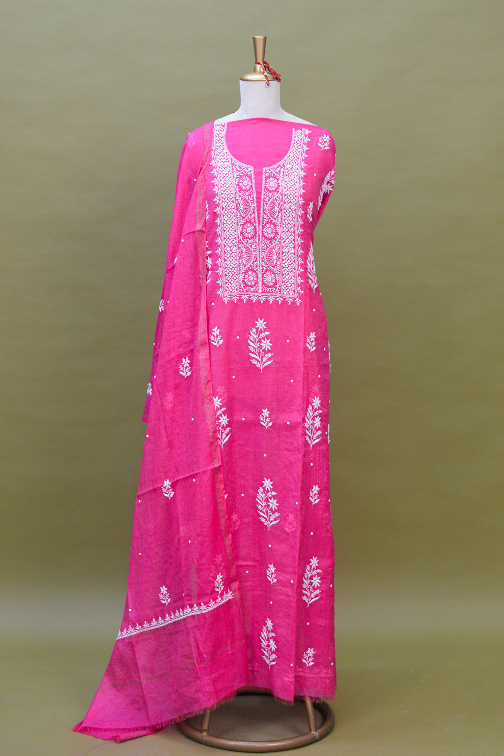 Rani Pink Mul Mul Cotton Chikankari Kurta Fabric with Dupatta – Unstitched 2-Piece Set