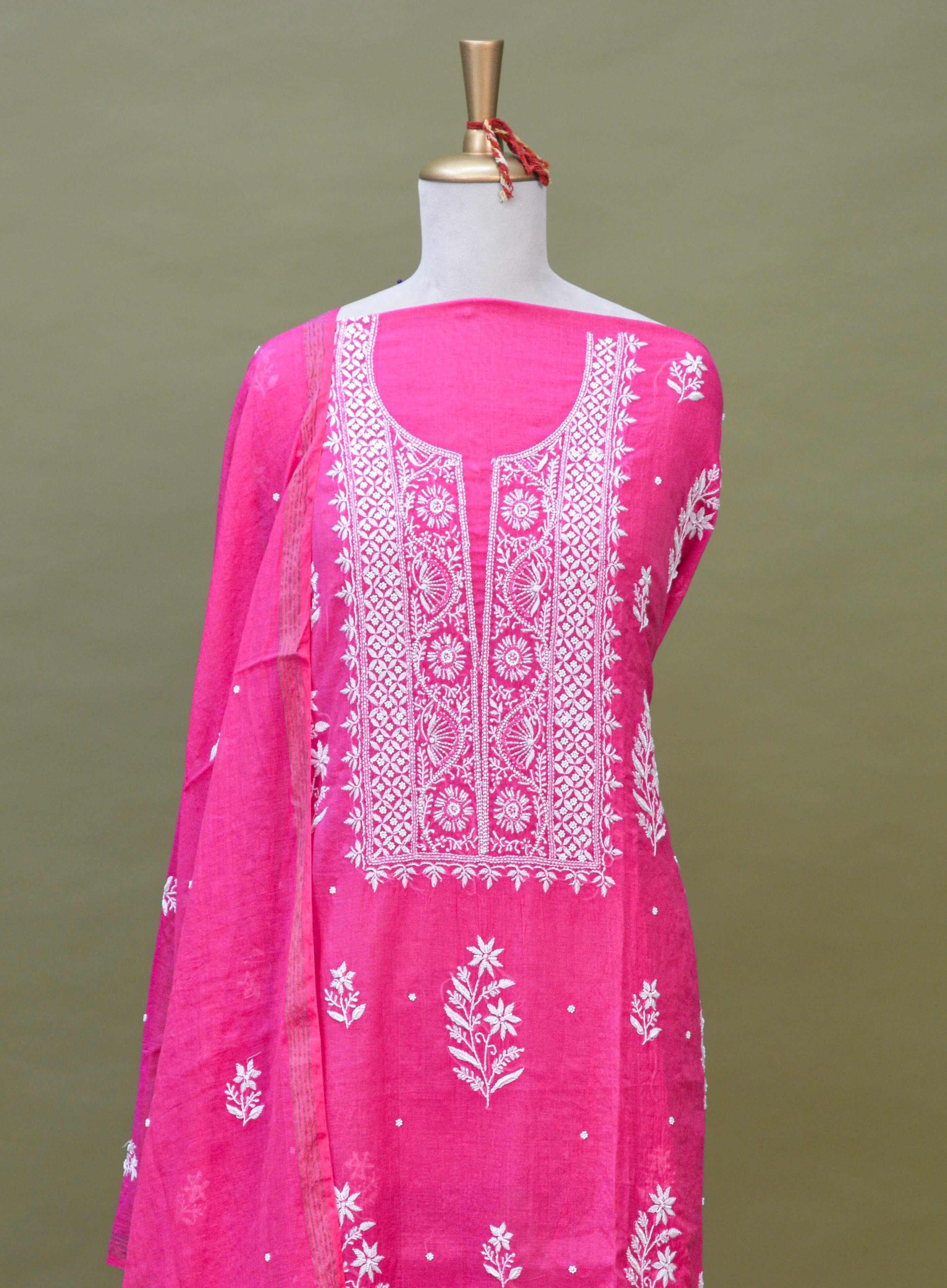 Rani Pink Mul Mul Cotton Chikankari Kurta Fabric with Dupatta – Unstitched 2-Piece Set