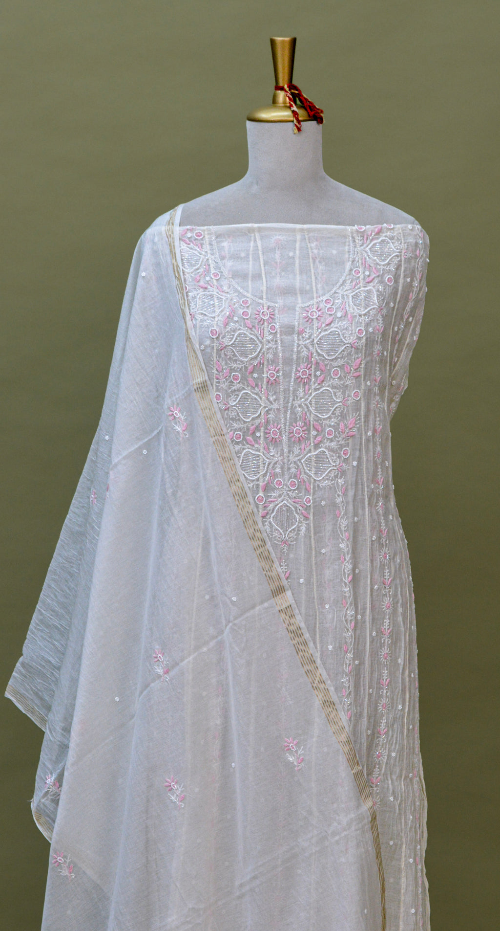 Ivory Mul Mul Cotton Chikankari Anarkali Fabric with Dupatta – Unstitched 2-Piece Set