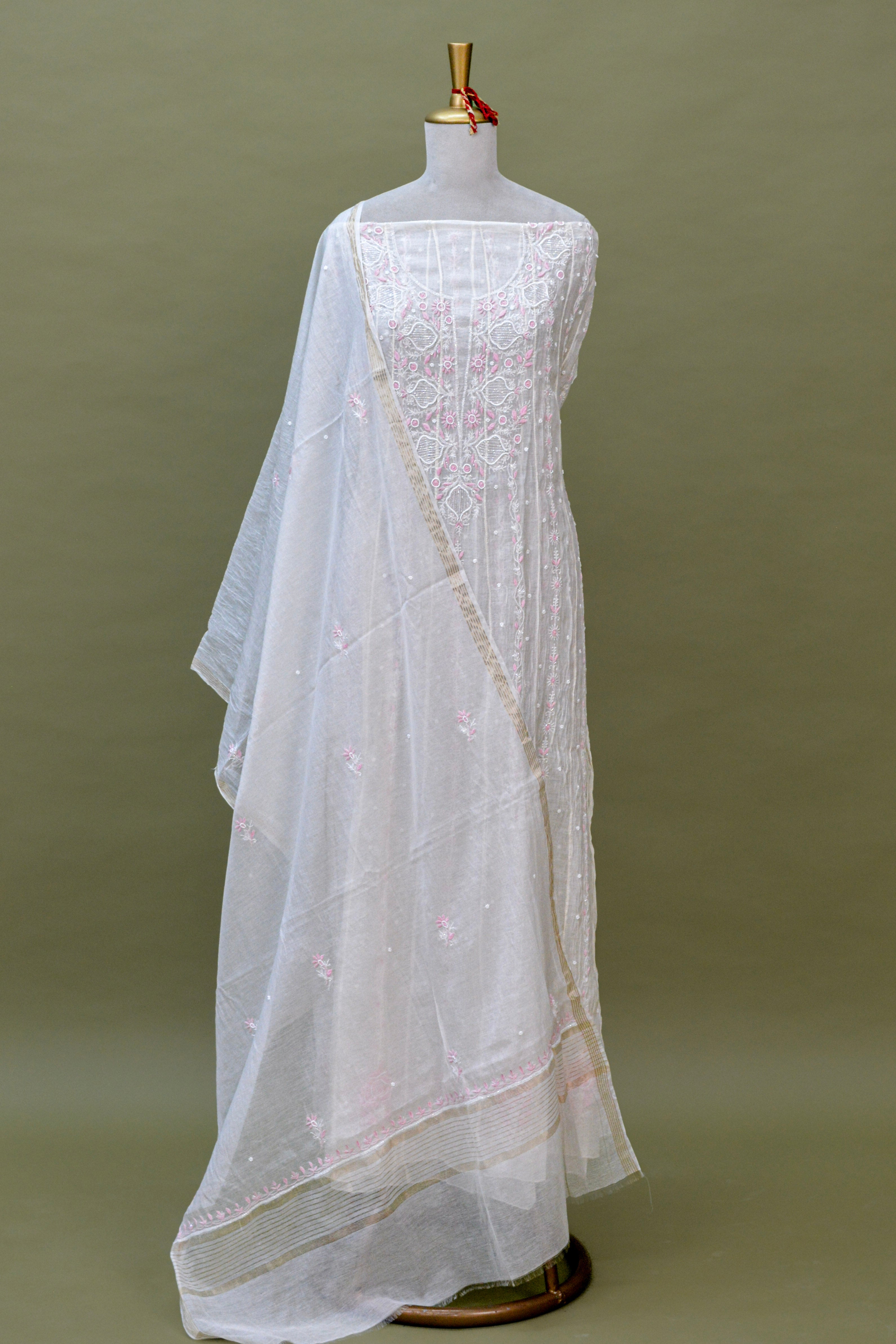 Ivory Mul Mul Cotton Chikankari Anarkali Fabric with Dupatta – Unstitched 2-Piece Set