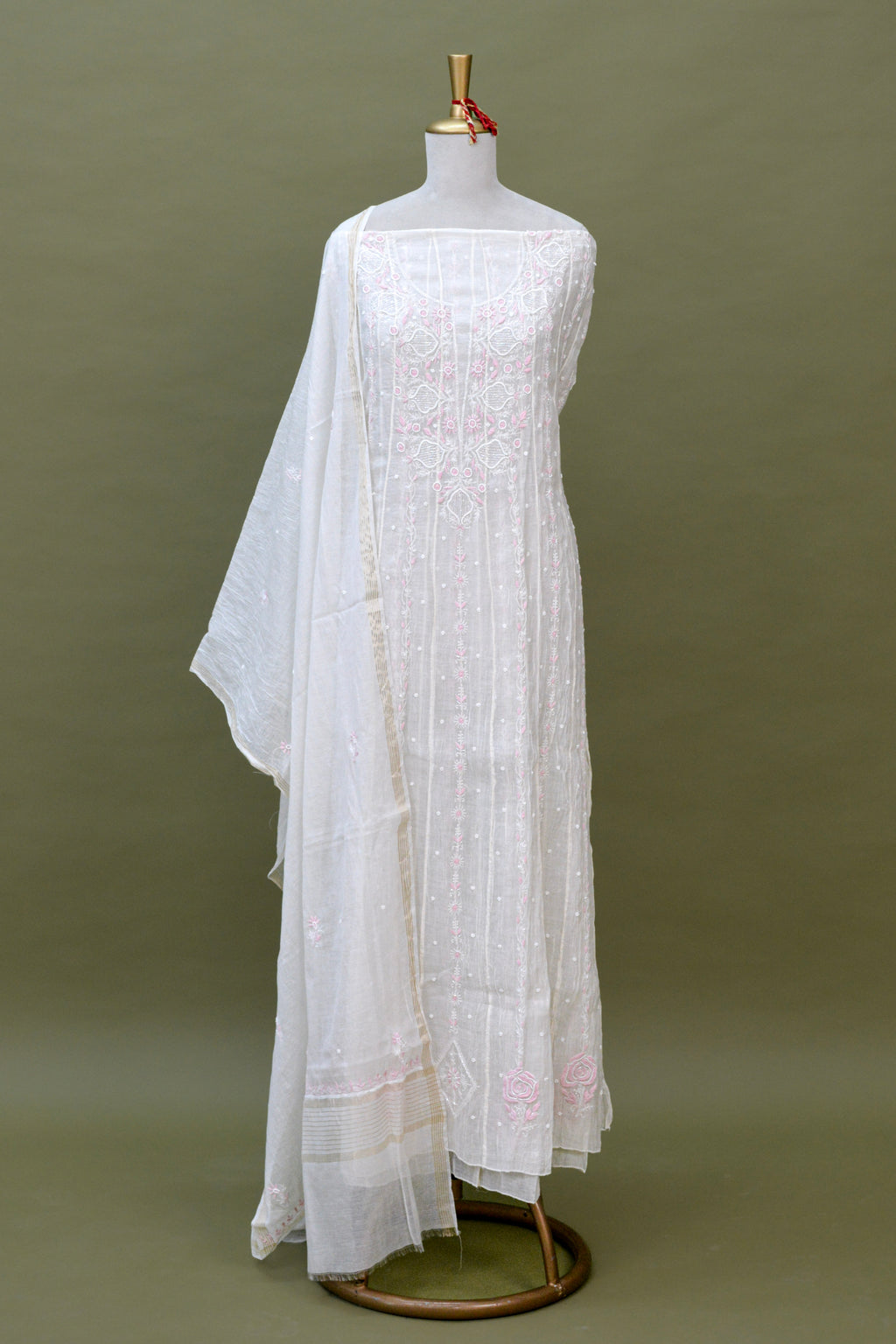 Ivory Mul Mul Cotton Chikankari Anarkali Fabric with Dupatta – Unstitched 2-Piece Set