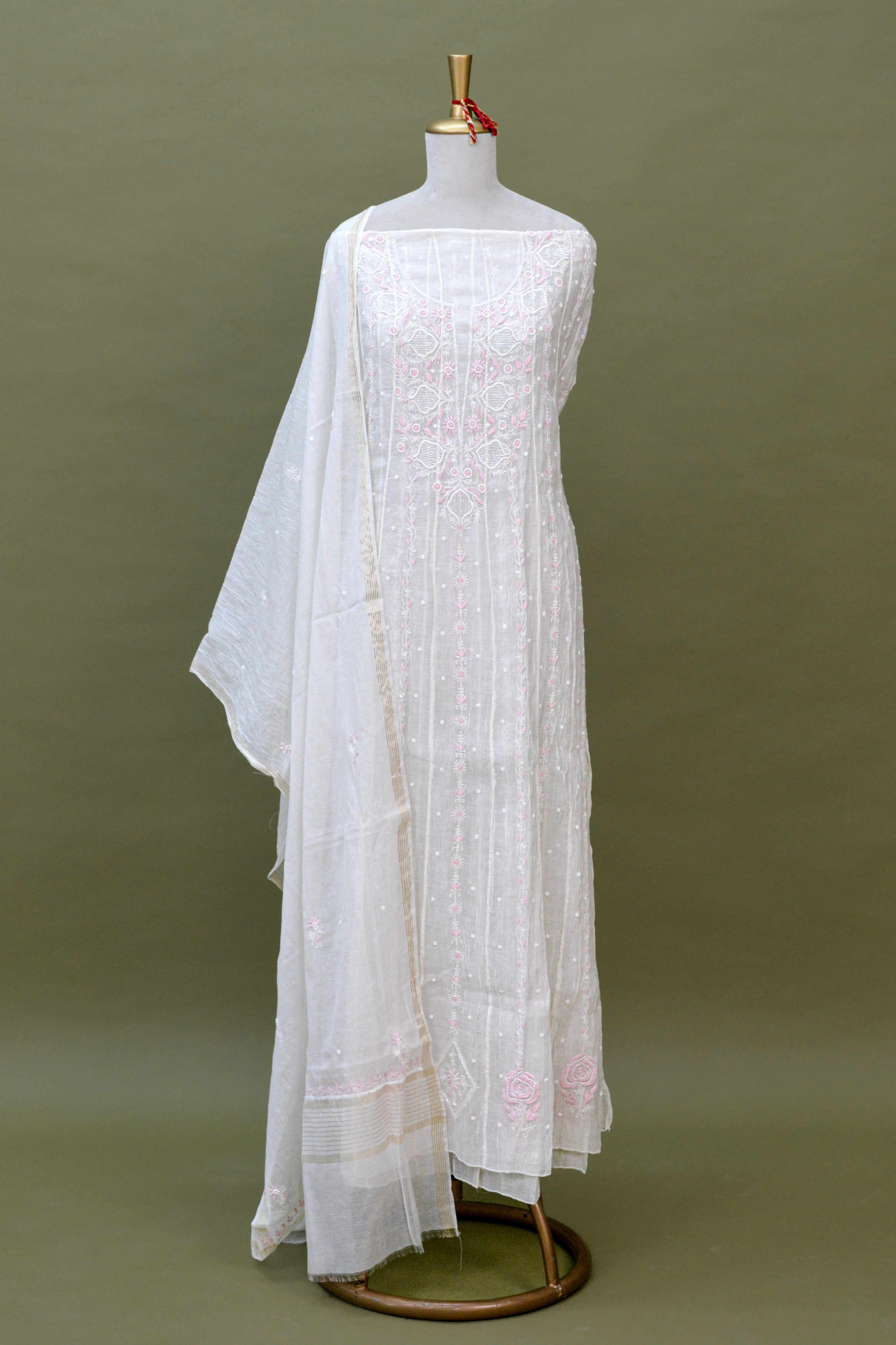 Ivory Mul Mul Cotton Chikankari Anarkali Fabric with Dupatta – Unstitched 2-Piece Set