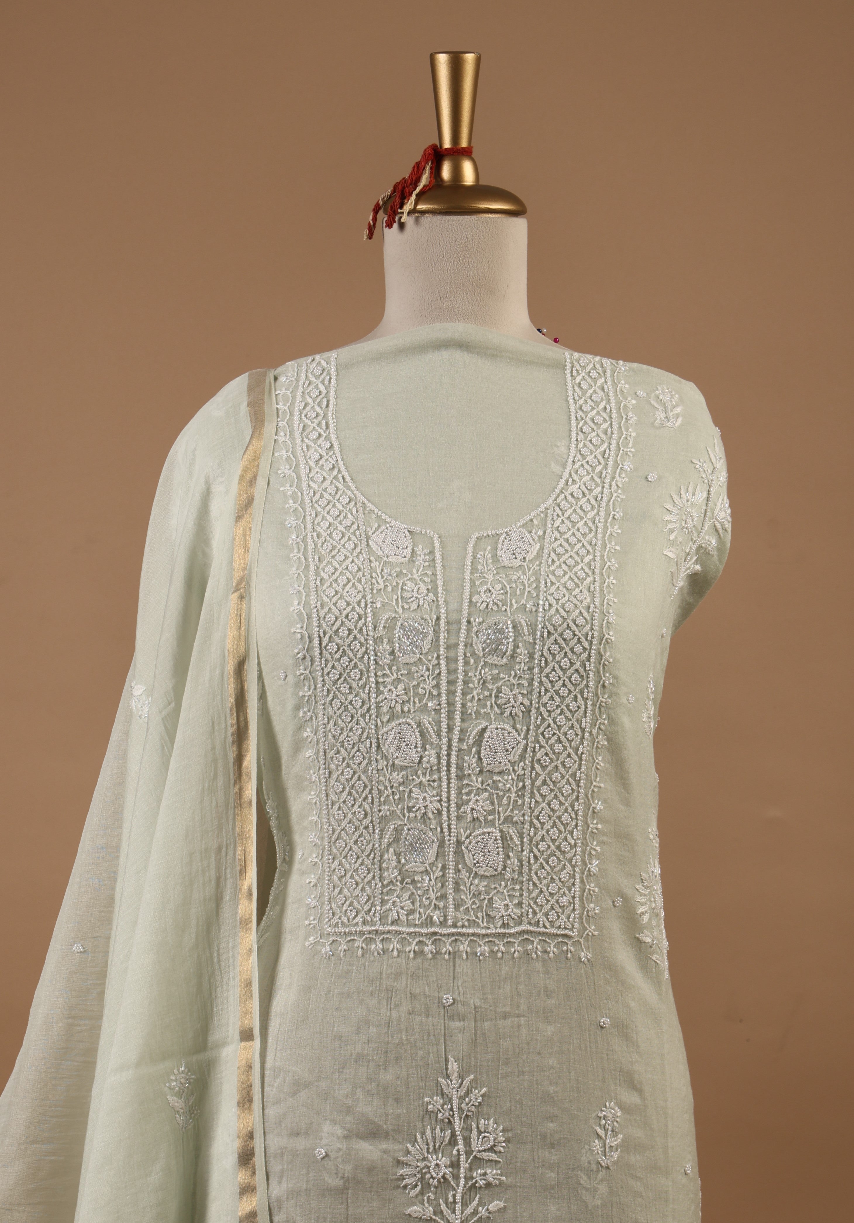 Pista Green Chikankari Unstitched 2-Piece Suit Set