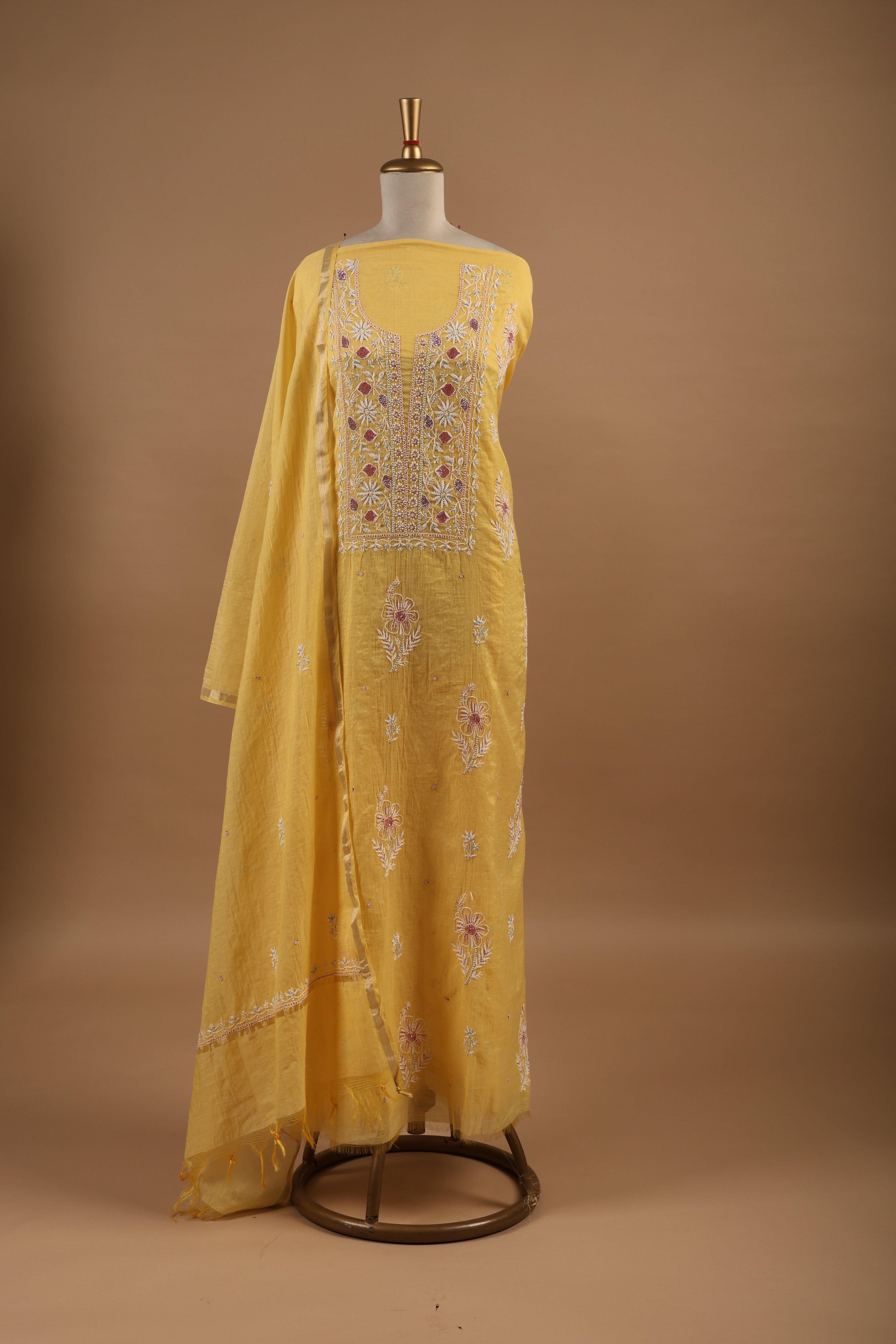 Yellow Chikankari Embroidered Unstitched 2-Piece Suit Set