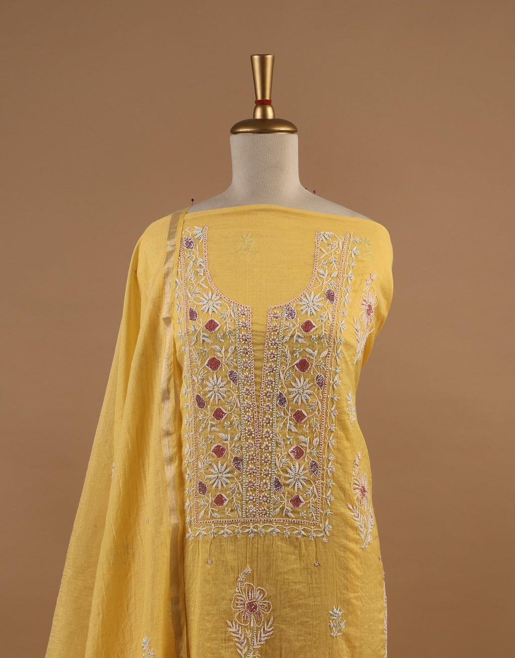 Yellow Chikankari Embroidered Unstitched 2-Piece Suit Set