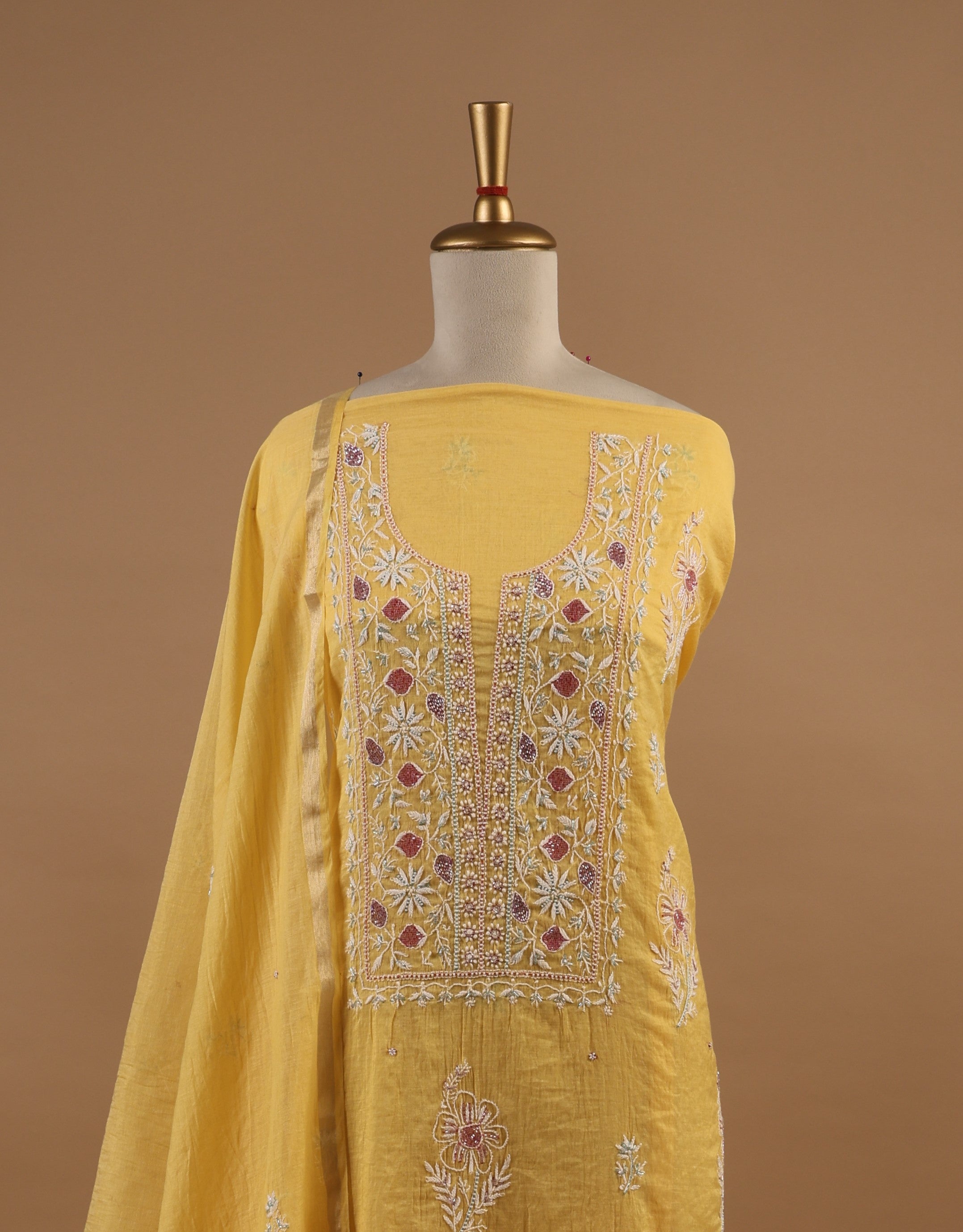 Yellow Chikankari Embroidered Unstitched 2-Piece Suit Set