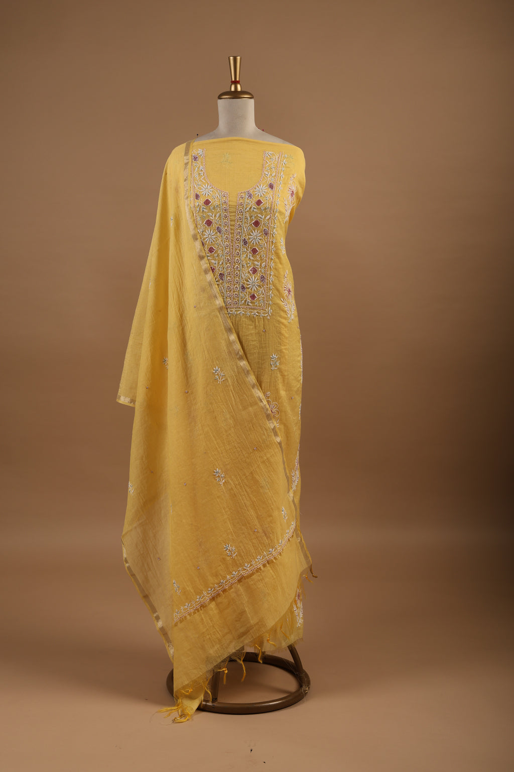 Yellow Chikankari Embroidered Unstitched 2-Piece Suit Set