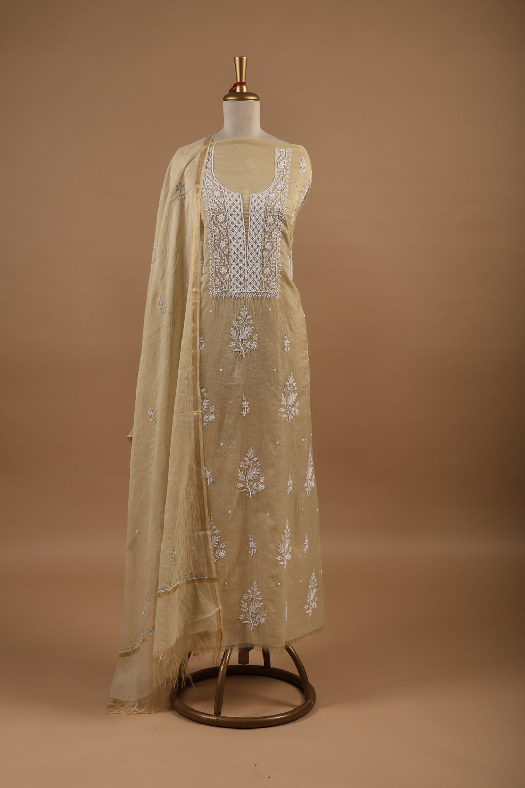 Beige Chikankari Embroidered Unstitched 2-Piece Suit Set in Mul Chanderi