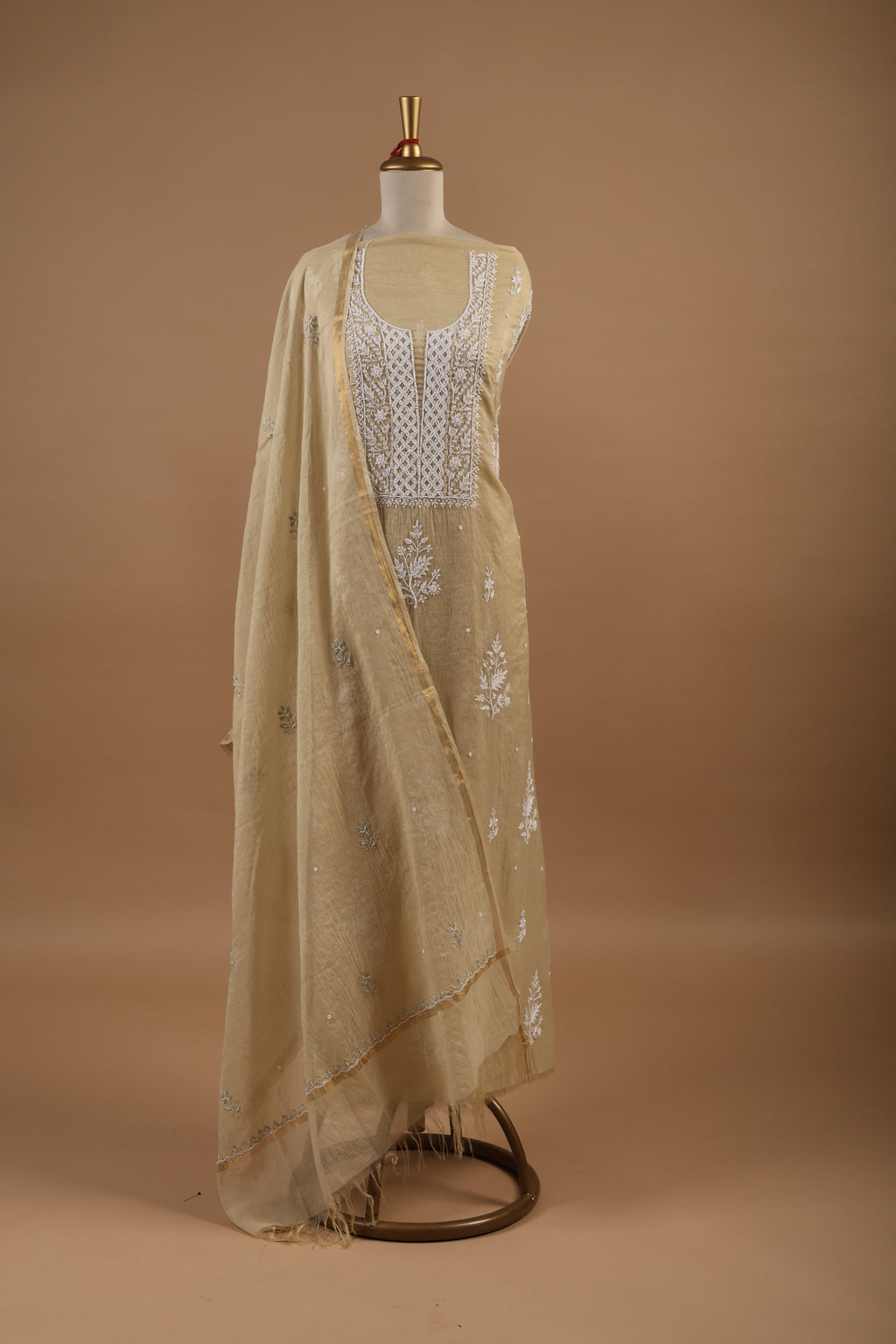 Beige Chikankari Embroidered Unstitched 2-Piece Suit Set in Mul Chanderi
