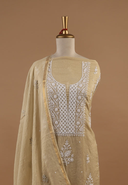 Beige Chikankari Embroidered Unstitched 2-Piece Suit Set in Mul Chanderi