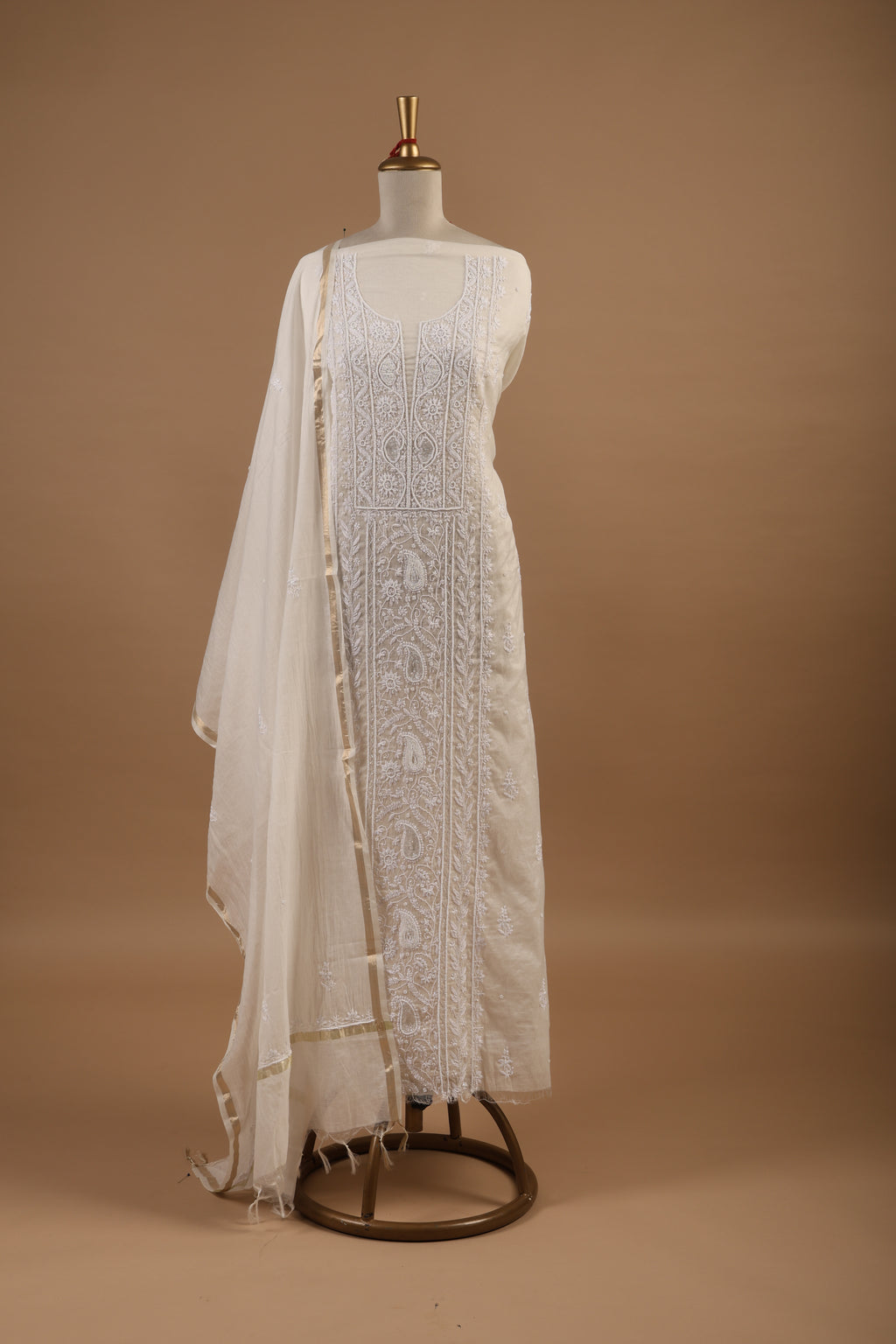 White Chikankari Embroidered Unstitched 2-Piece Suit Set in Mul Chanderi
