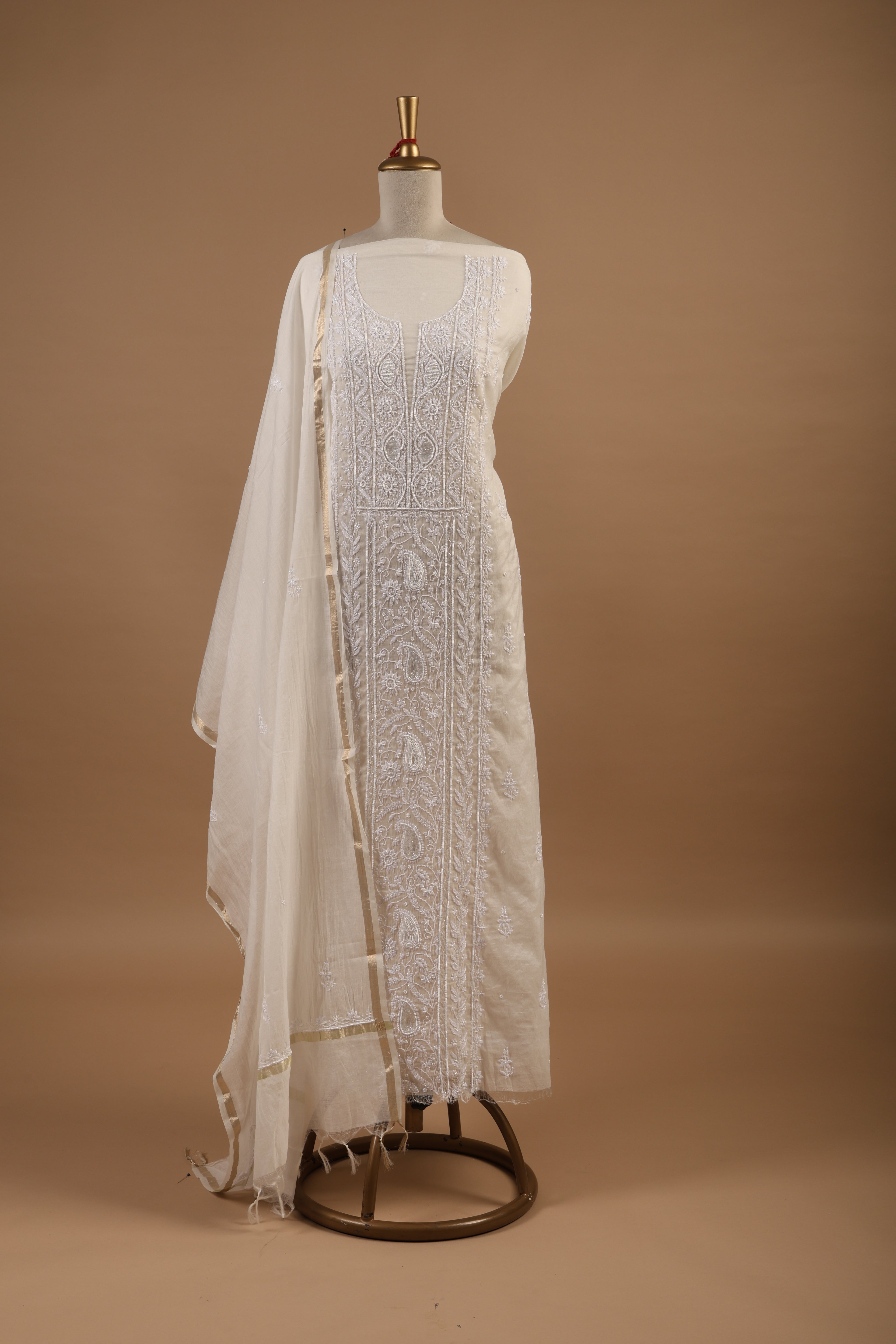 White Chikankari Embroidered Unstitched 2-Piece Suit Set in Mul Chanderi