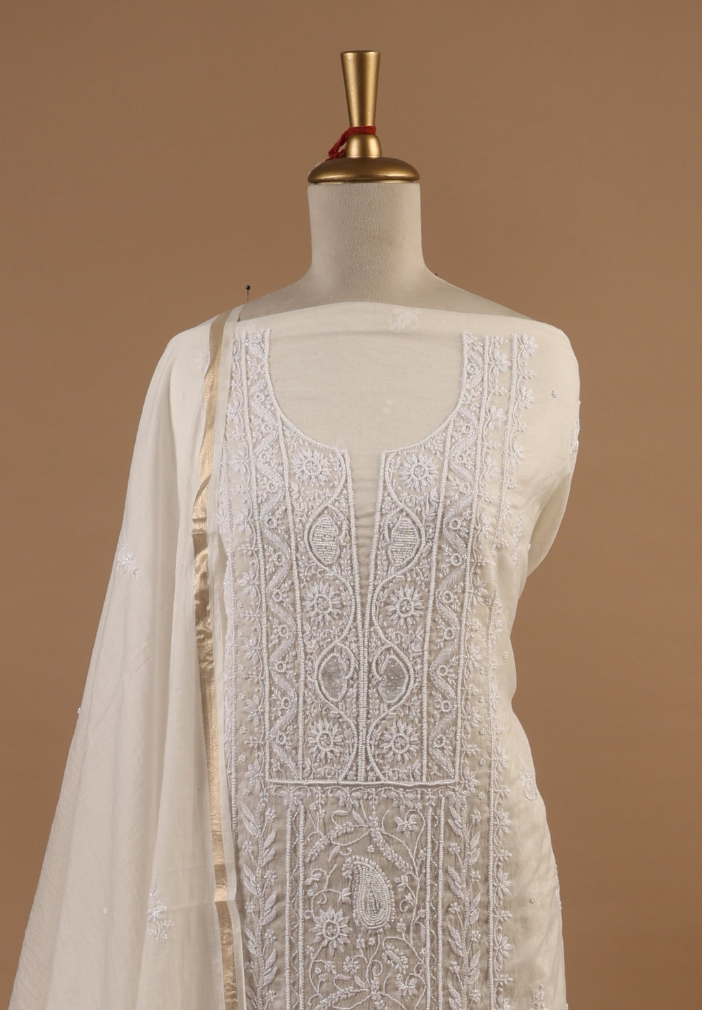 White Chikankari Embroidered Unstitched 2-Piece Suit Set in Mul Chanderi