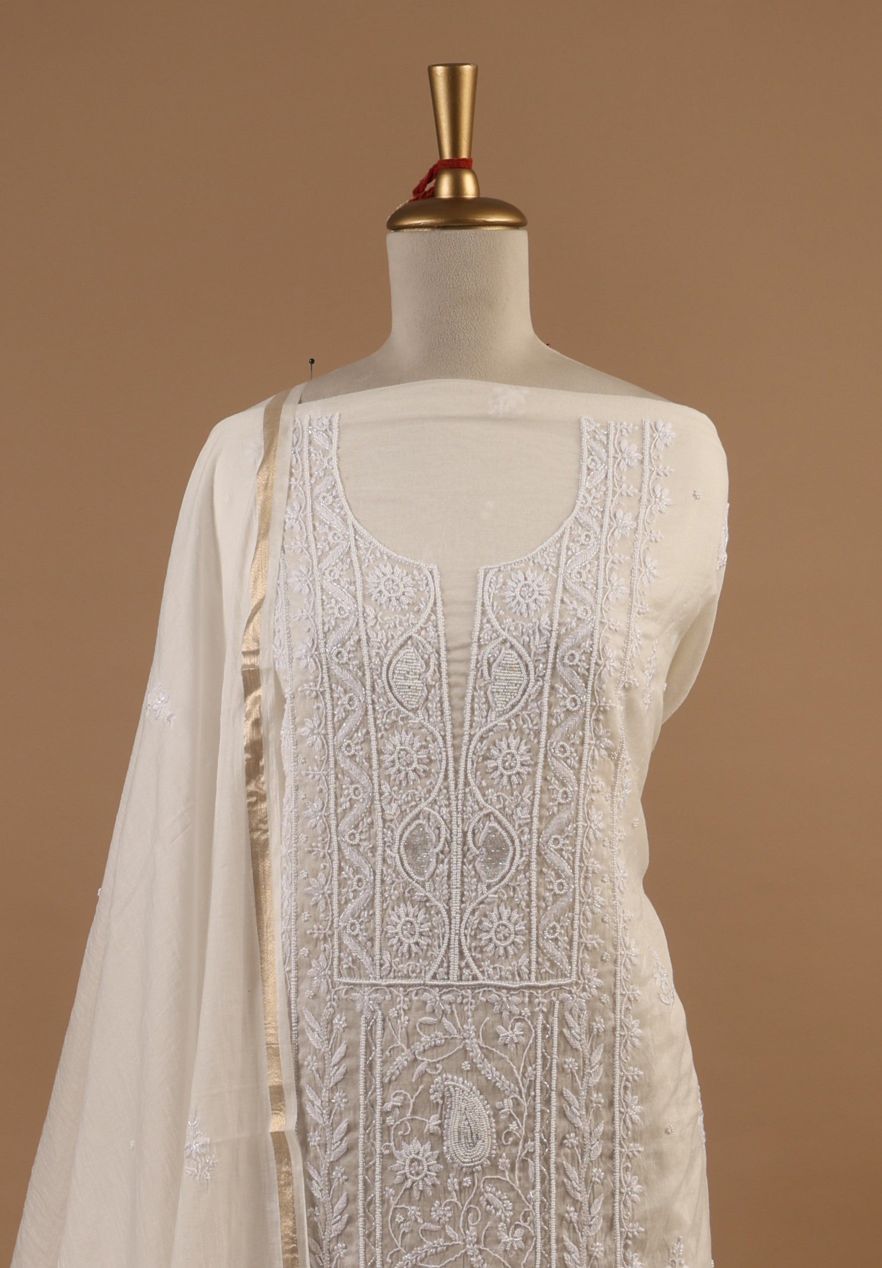 White Chikankari Embroidered Unstitched 2-Piece Suit Set in Mul Chanderi