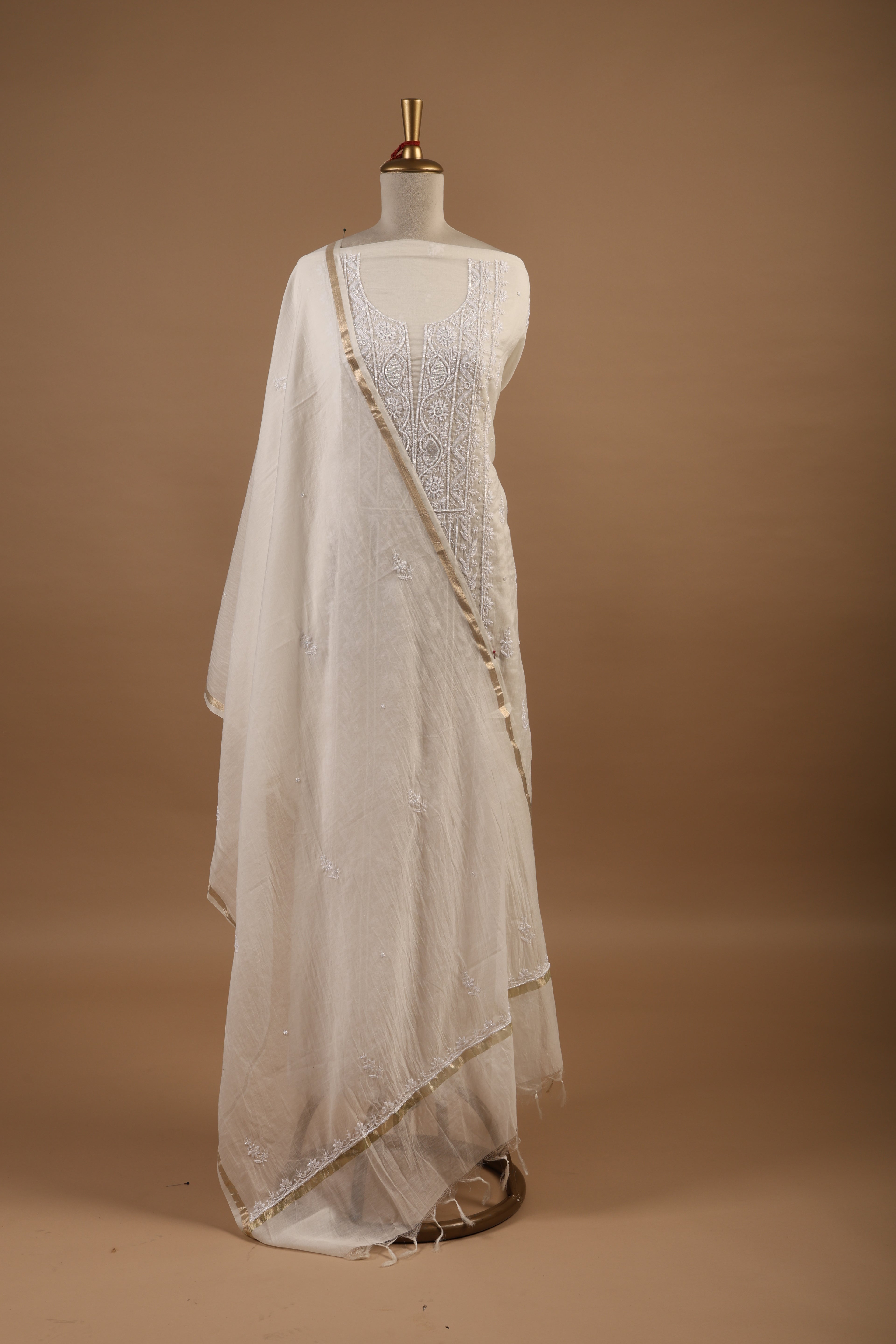White Chikankari Embroidered Unstitched 2-Piece Suit Set in Mul Chanderi