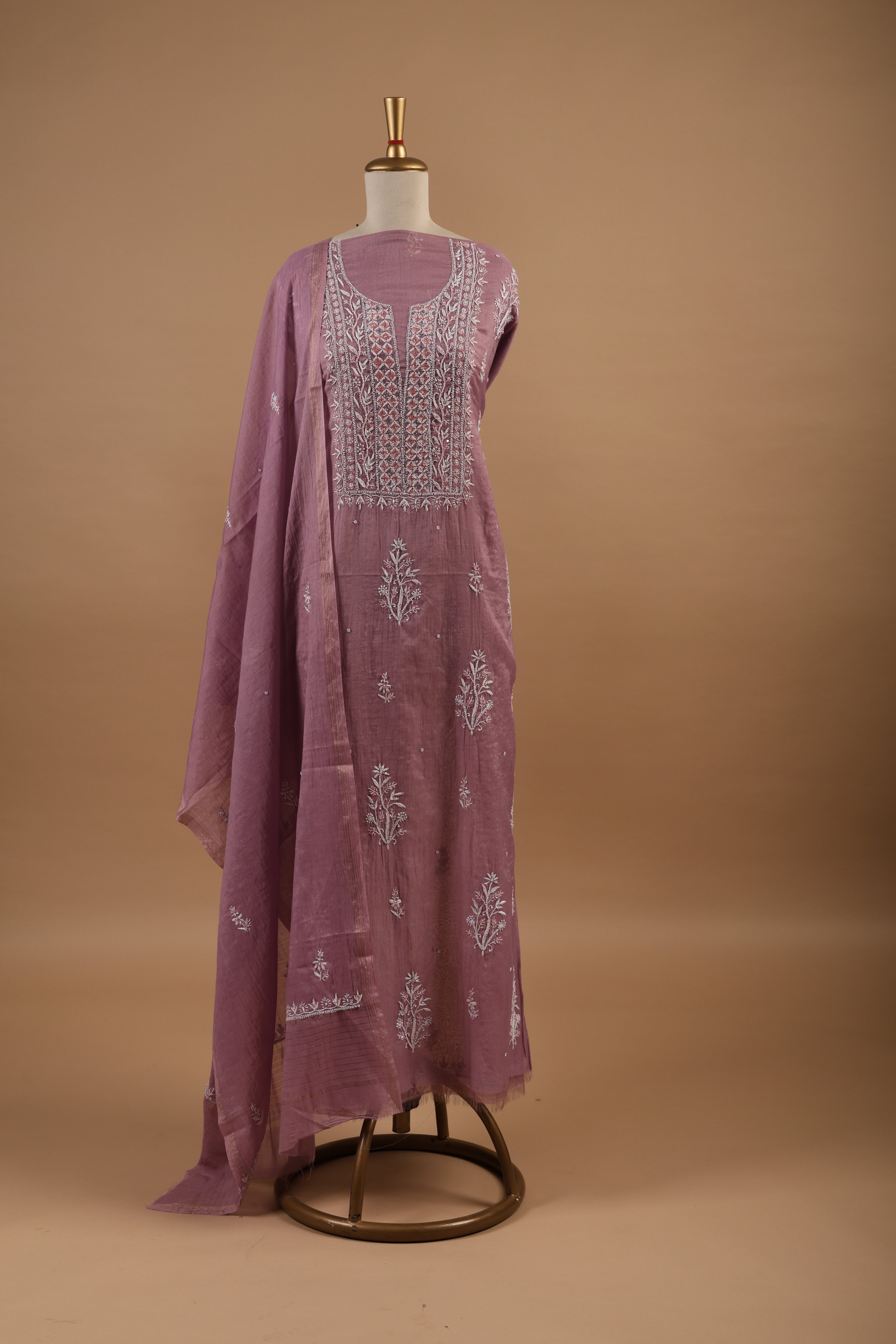 Lavender Chikankari Embroidered Unstitched 2-Piece Suit Set in Mul Chanderi